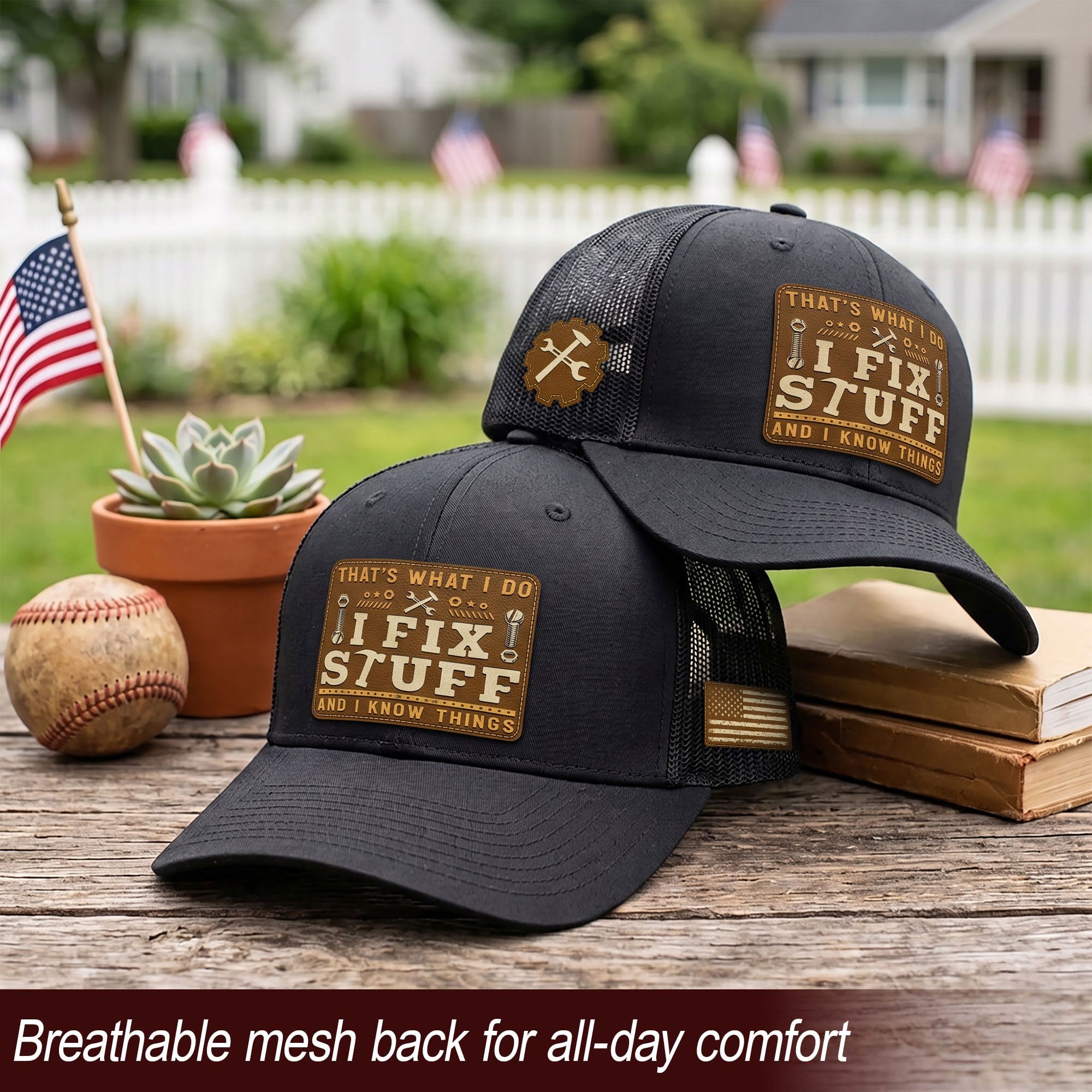 Black I Fix Stuff And I Know Things Square Laser Engraved Leather Patch Trucker Hat - Rust Field Wear