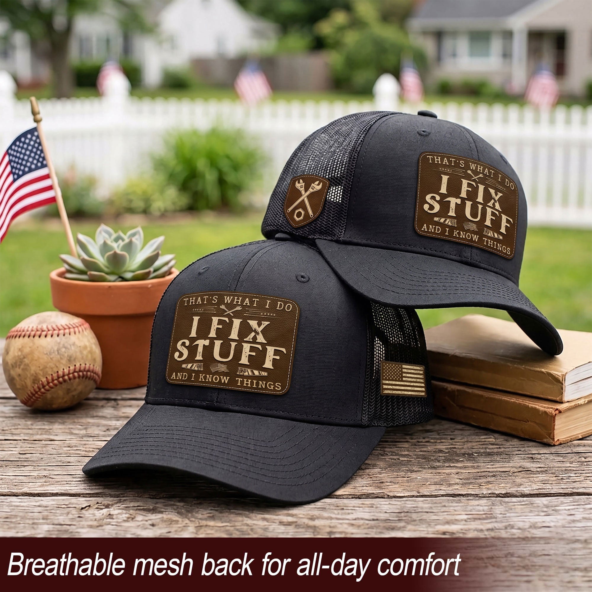 Black I Fix Stuff And I Know Things Saw Laser Engraved Leather Patch Trucker Hat - Rust Field Wear