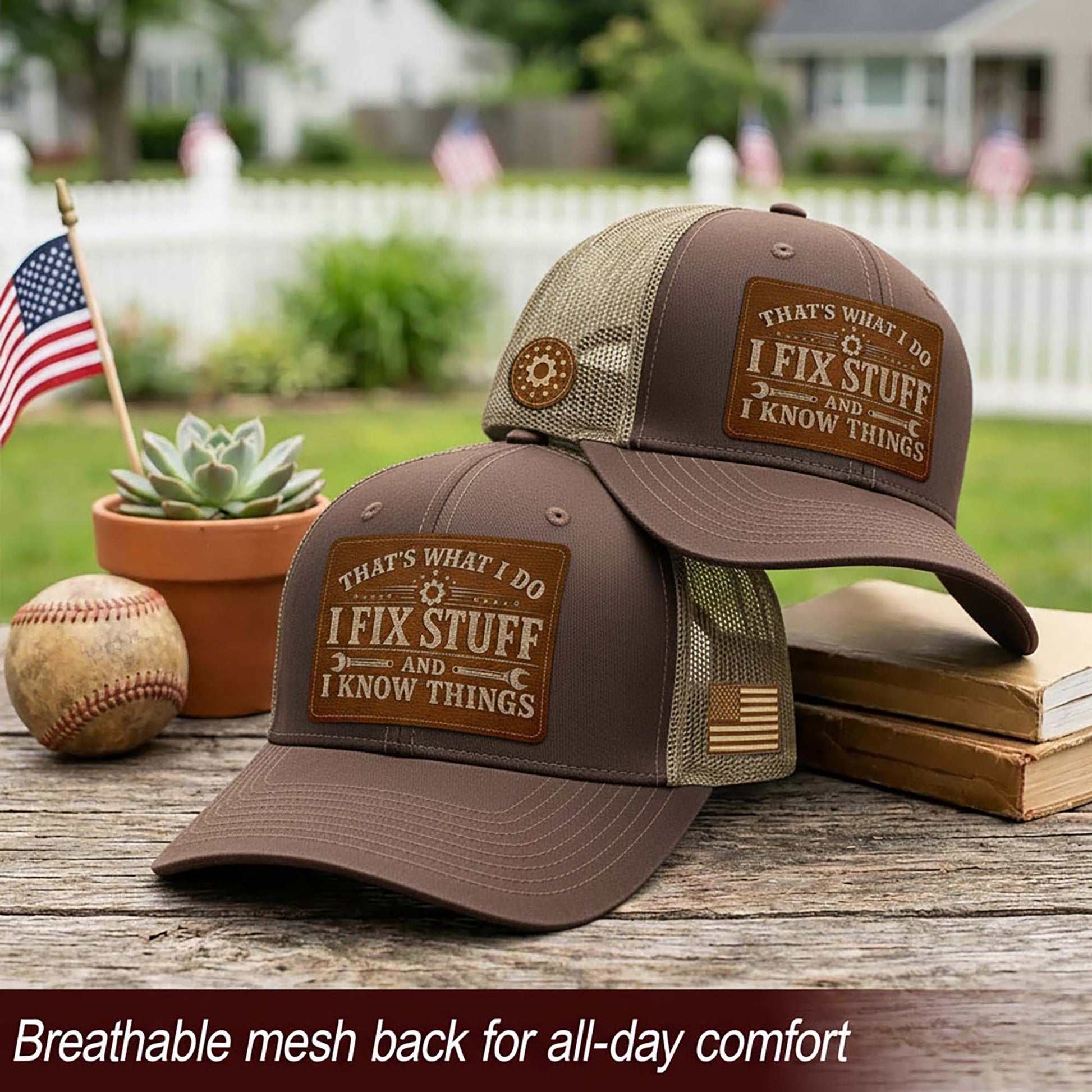 I Fix Stuff And I Know Things Laser Engraved Leather Patch Trucker Hat Mechanic Cap - Rust Field Wear