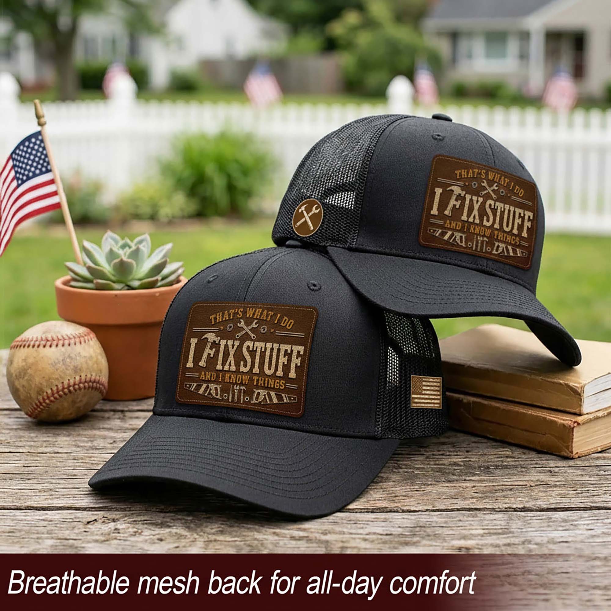 Black I Fix Stuff And I Know Things Laser Engraved Leather Patch Trucker Hat Cap - Rust Field Wear
