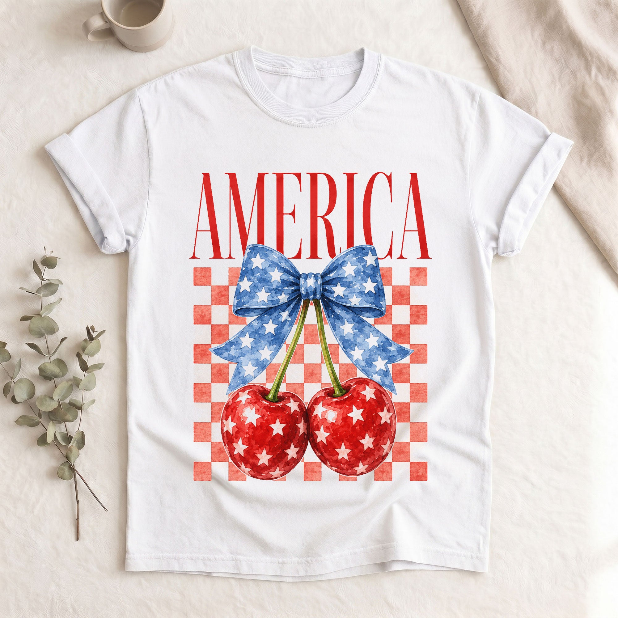 America Cherry Graphic T-Shirt Cute Patriotic Stars Bow Vintage Aesthetic Tee