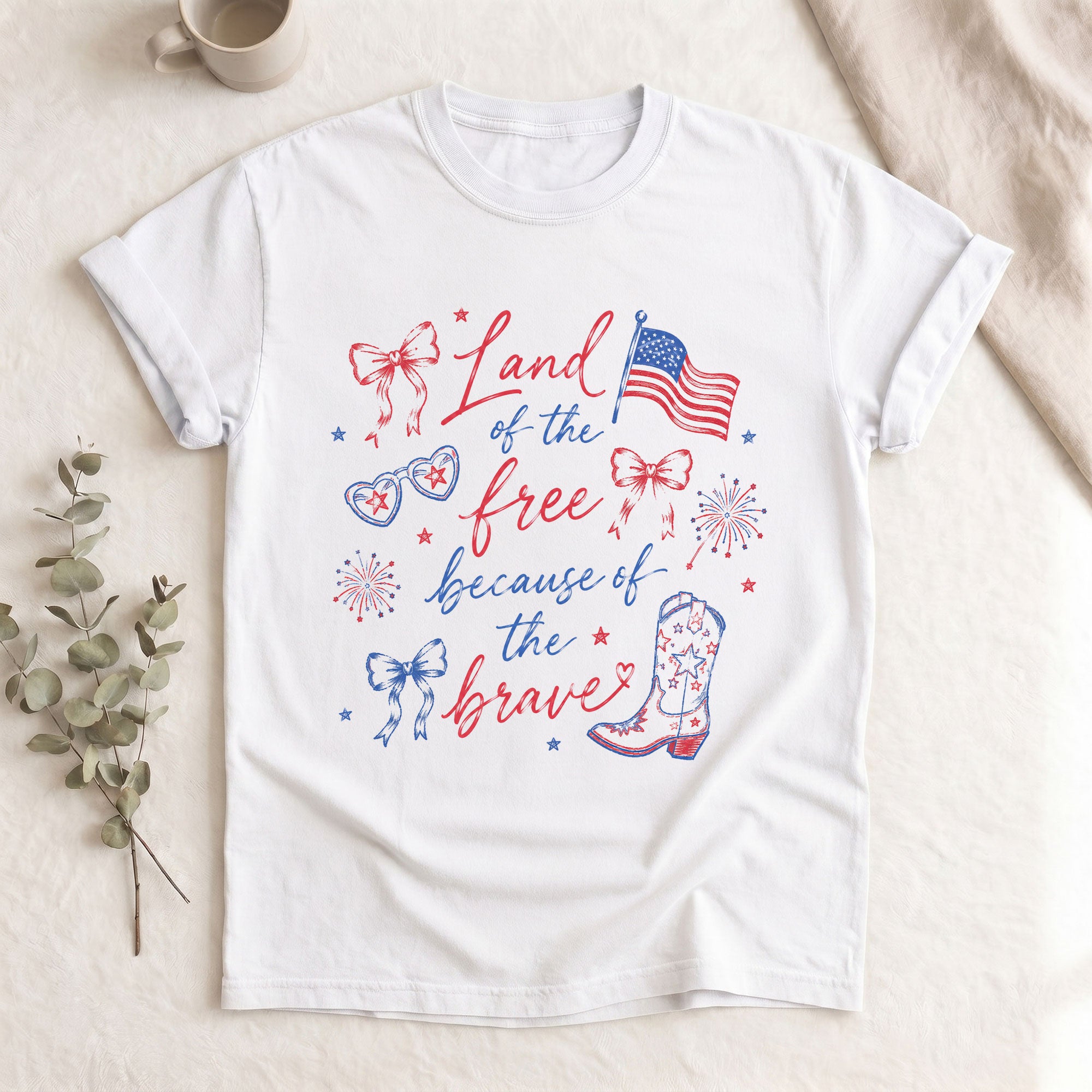 Land Of The Free Because Of The Brave T-Shirt Patriotic Cowgirl Boots Graphic Tee