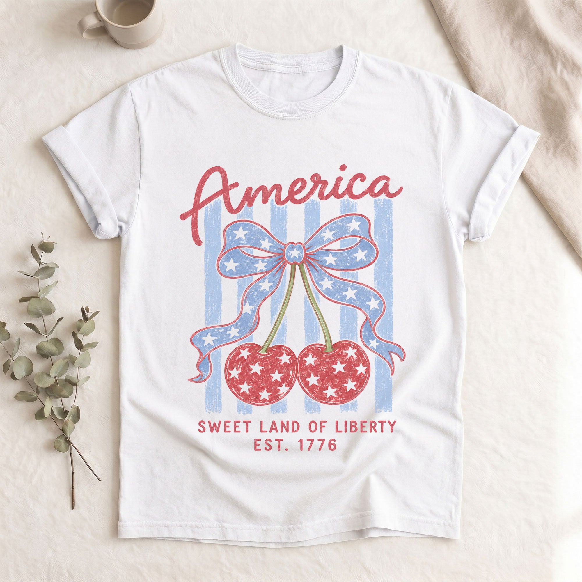 America Sweet Land Of Liberty T-Shirt Vintage Patriotic Cherry Stars Bow Graphic Tee