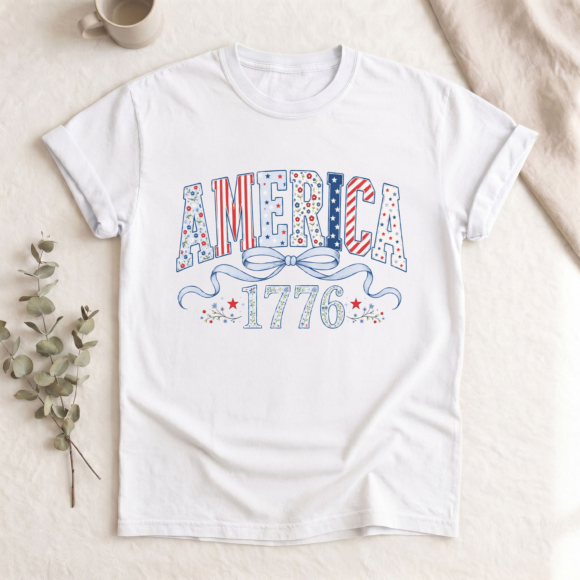 America 1776 Floral T-Shirt Vintage Patriotic Coquette Bow Stars Graphic Tee