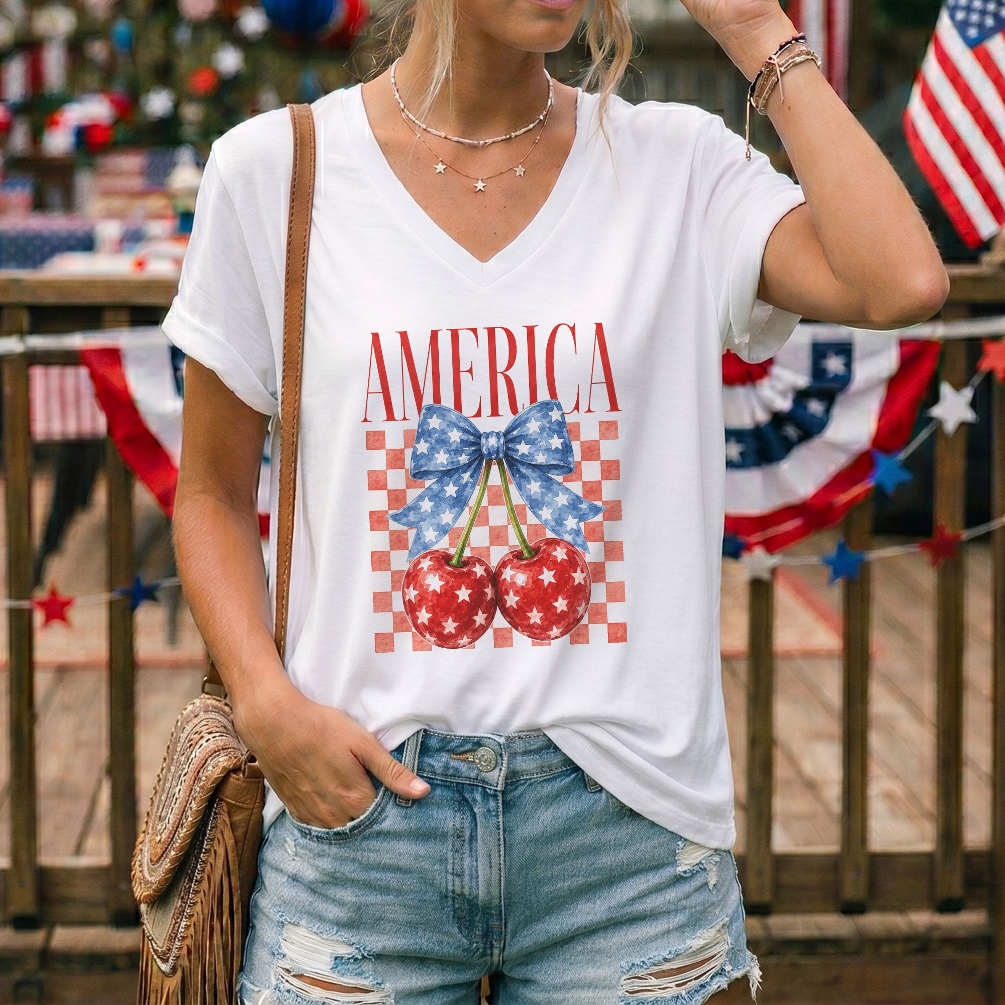Women's V-Neck Patriotic Cherry Graphic T-Shirt - Cute American Flag Style Summer Top