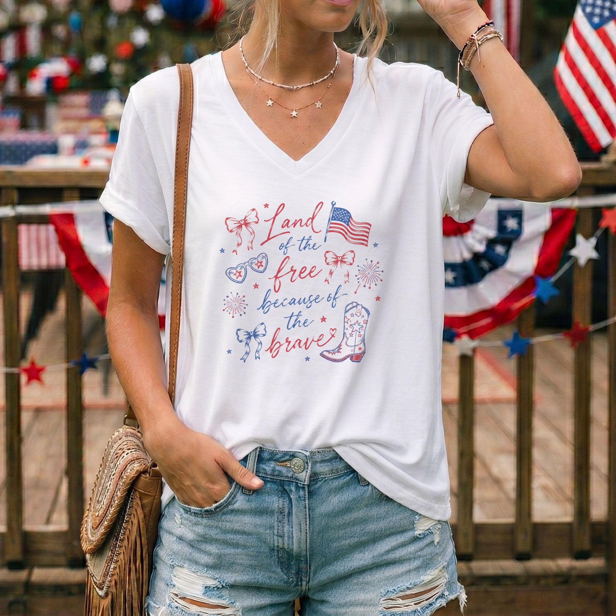 Women's Land of the Brave V-Neck Tee - Patriotic American Flag Graphic Summer Shirt