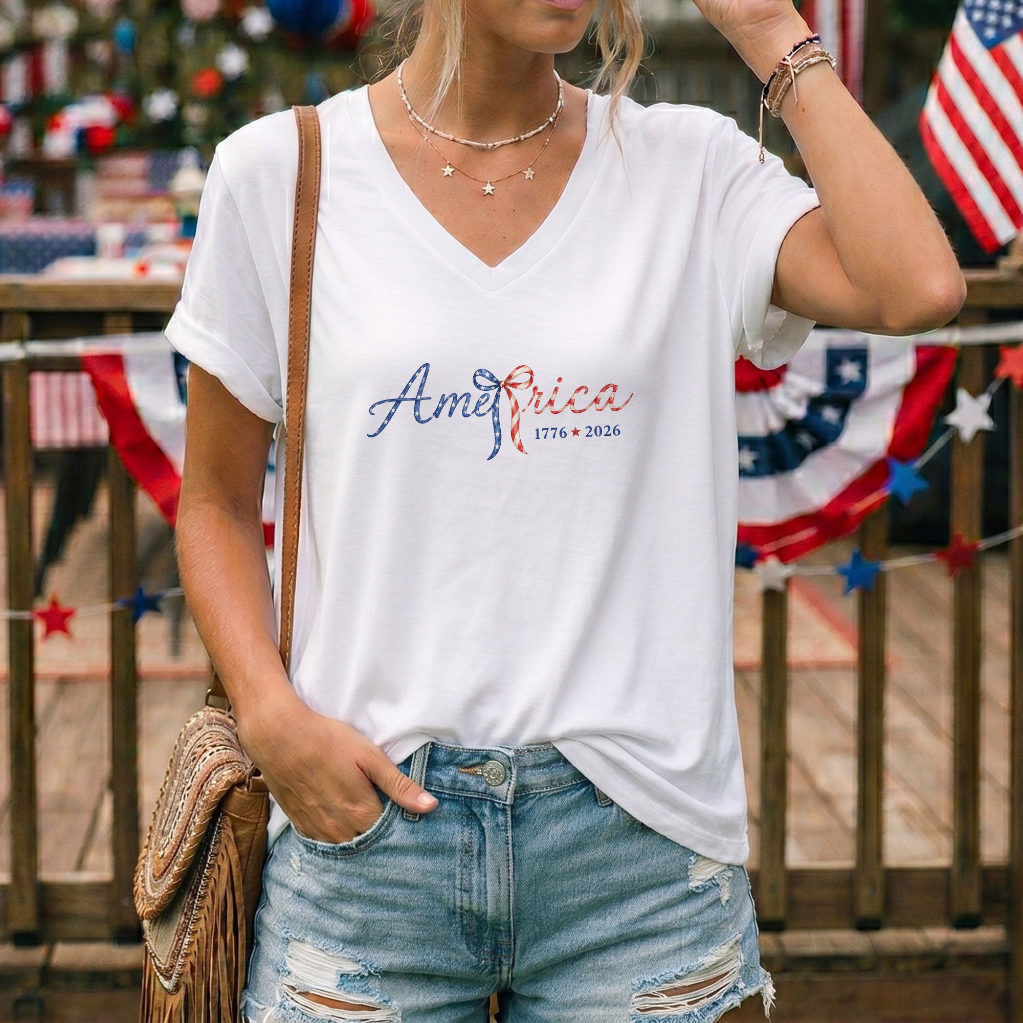 Stylish America 1776-2026 V-Neck T-Shirt - Cute Patriotic Women's Short Sleeve Top