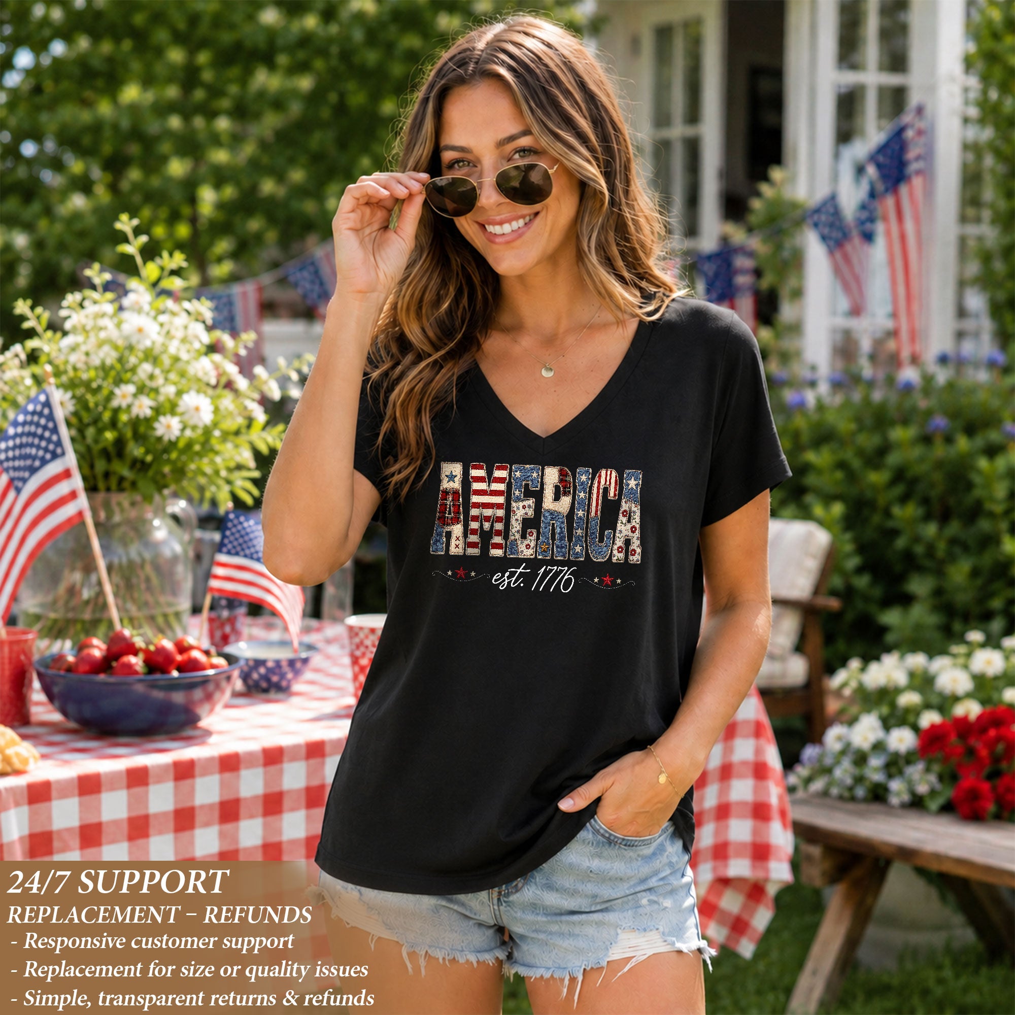 Patriotic America Est. 1776 V-Neck Tee - Women's Custom Graphic Summer Top