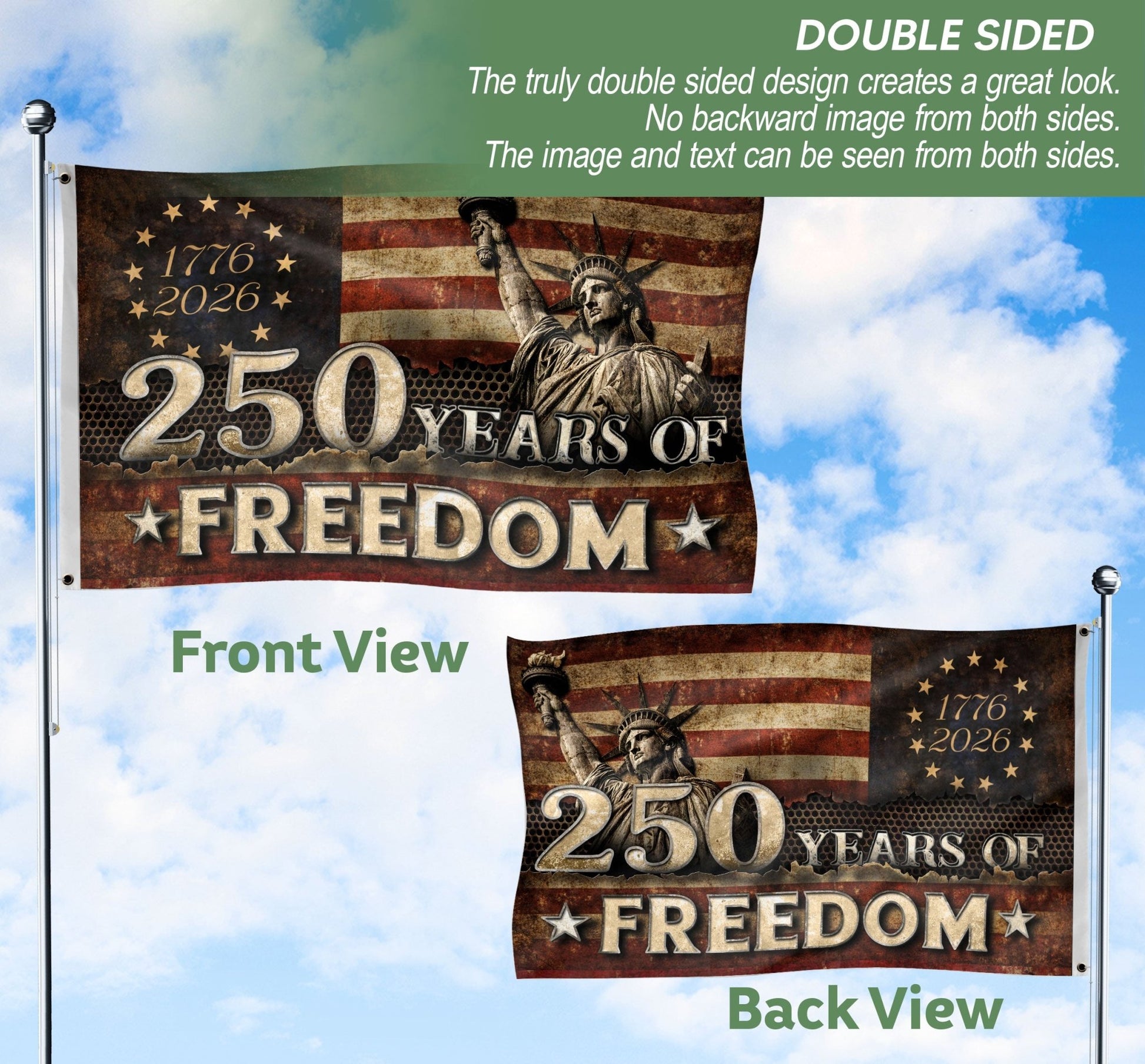 250 Years of Freedom Flag 1776–2026 – Double-Sided Patriotic American Décor - Rust Field Wear