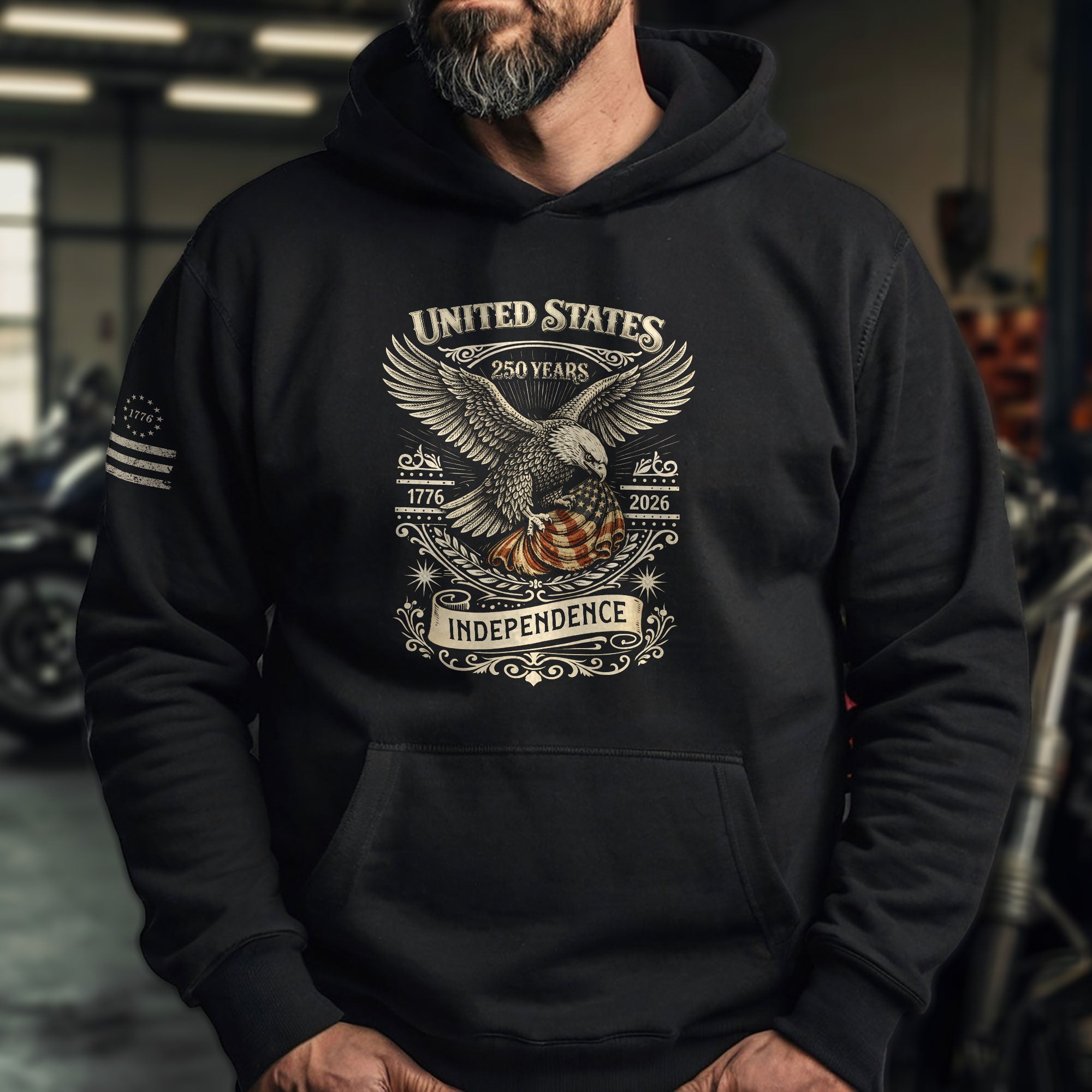 USA 250th Anniversary Hoodie 1776-2026 American Flag Patriotic Mens Hoodie - Rust Field Wear