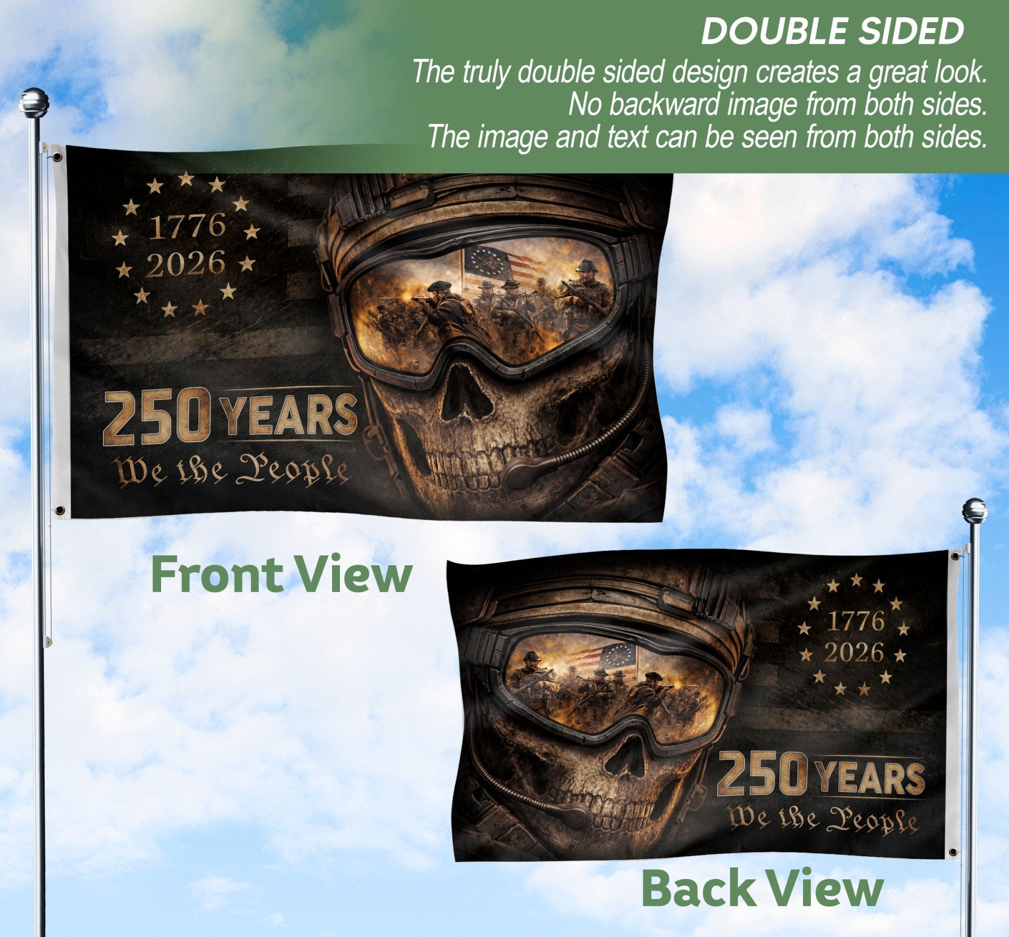 USA 250th Anniversary Flag 1776-2026 We The People Double Sided Patriotic Military Skull - Rust Field Wear
