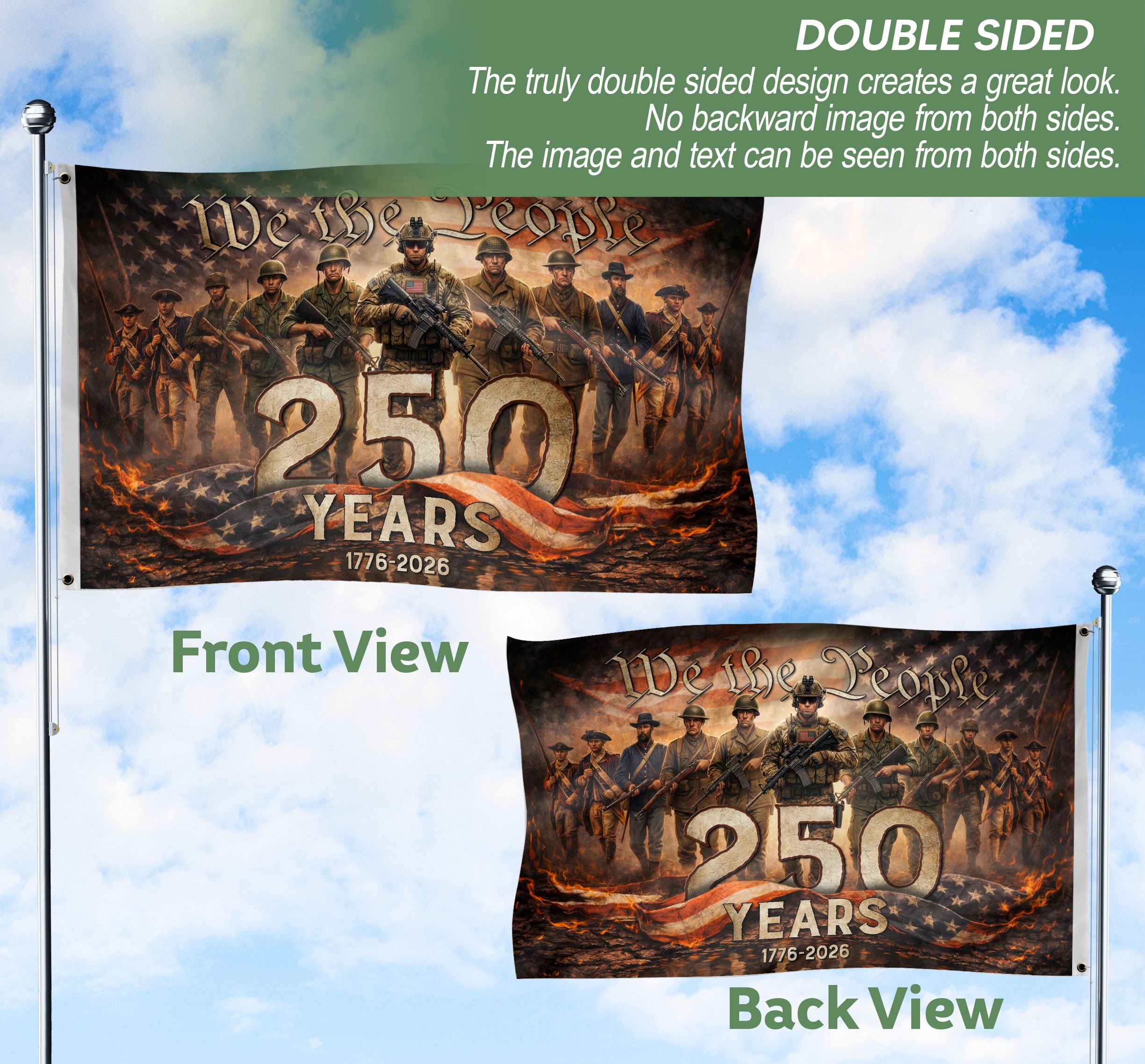 American 250th Anniversary Flag 250 Years 1776-2026 We The People Patriotic Past Present Soldiers