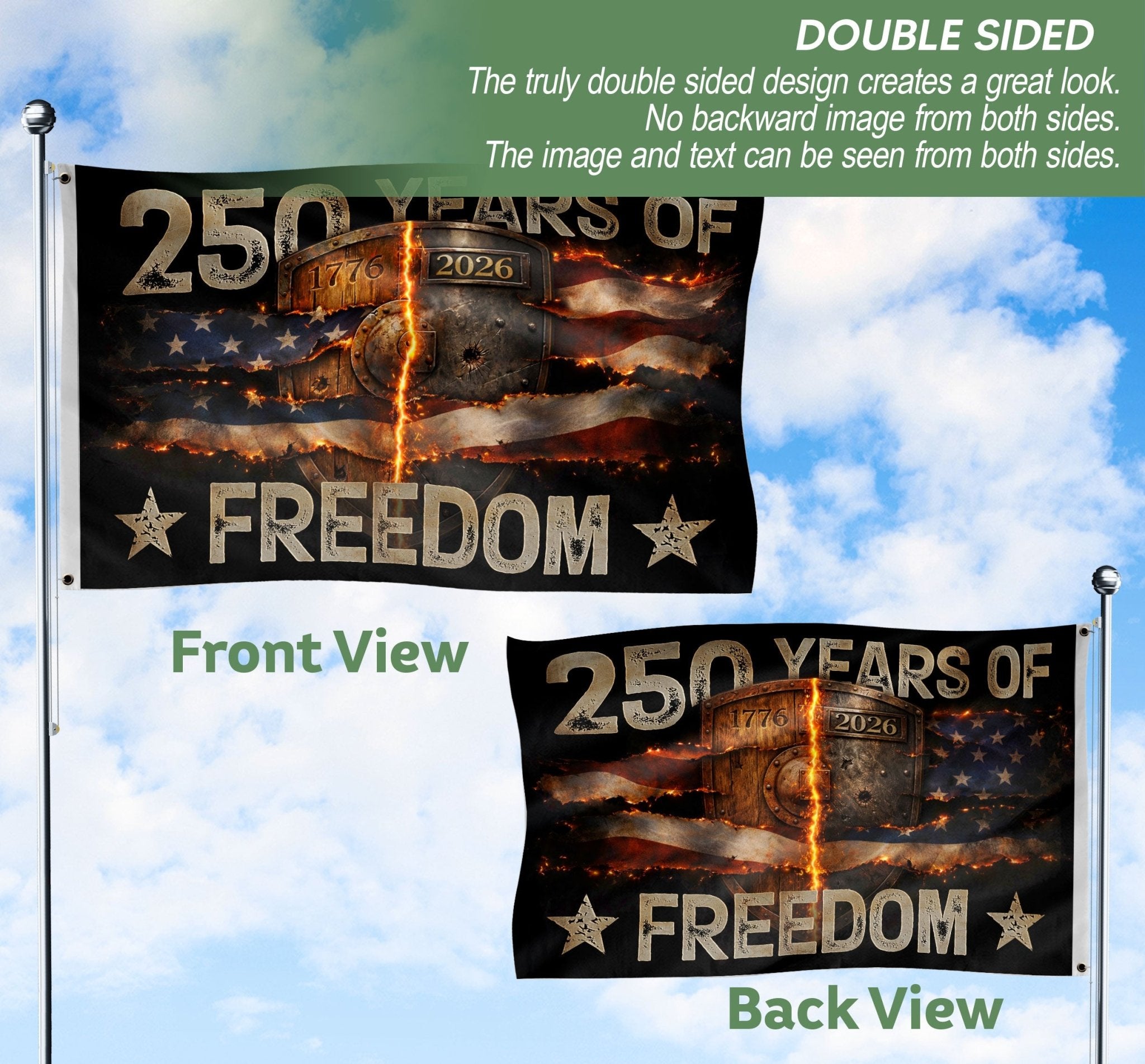 USA 250th Anniversary Flag 250 Years of Freedom 1776-2026 Burning Metal Shield Patriotic - Rust Field Wear