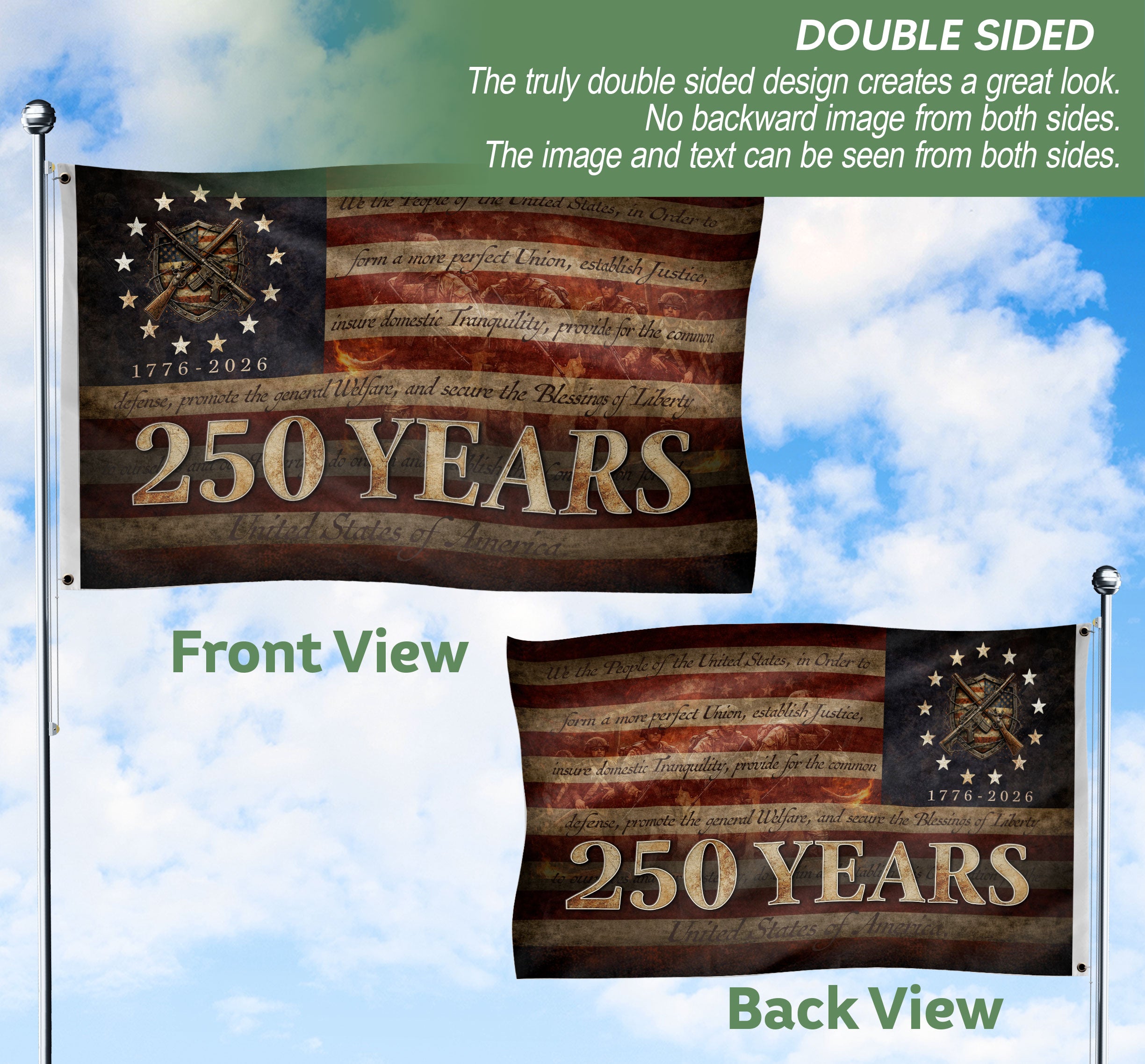 United States of 250 Years America Flag 250th Anniversary 1776-2026 Tactical Metal Shield Crossed Rifles Patriotic
