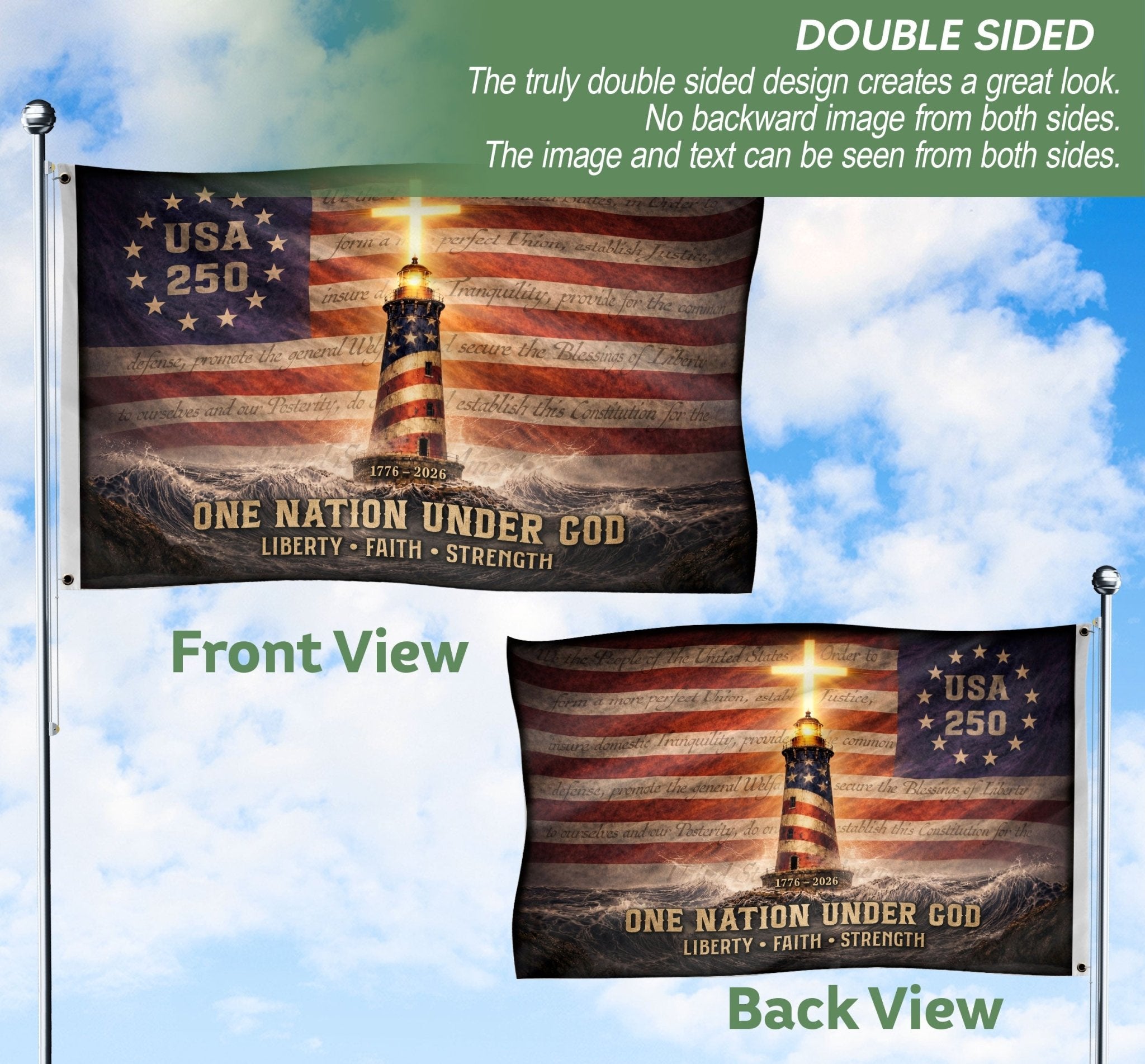 USA 250 Lighthouse Cross Flag – One Nation Under God Christian Patriotic Outdoor Flag 1776–2026 - Rust Field Wear