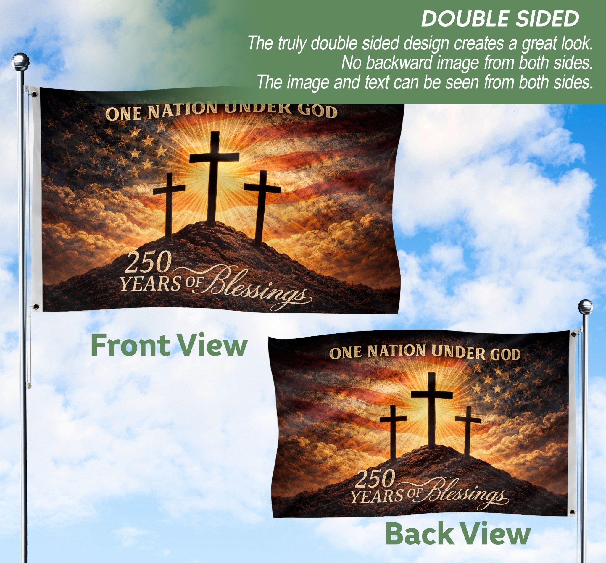 The Blessing of Liberty Flag - 250 Years Celebration - Sacred Three Crosses & American Sky Banner - Rust Field Wear