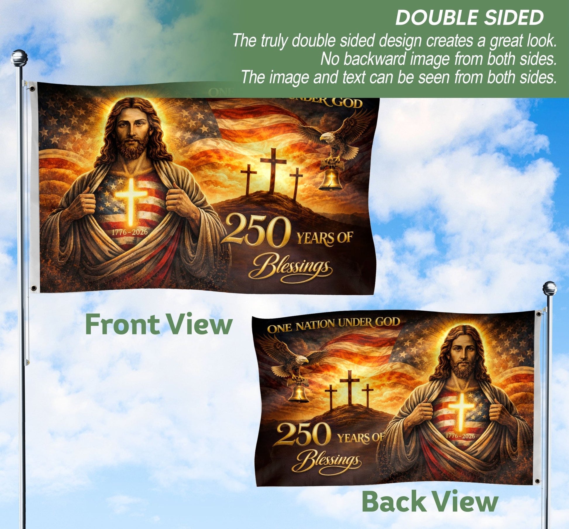 Christian American Heritage 250th Anniversary Flag - Jesus, Eagle, Liberty Bell & Crosses Outdoor Banner - Rust Field Wear
