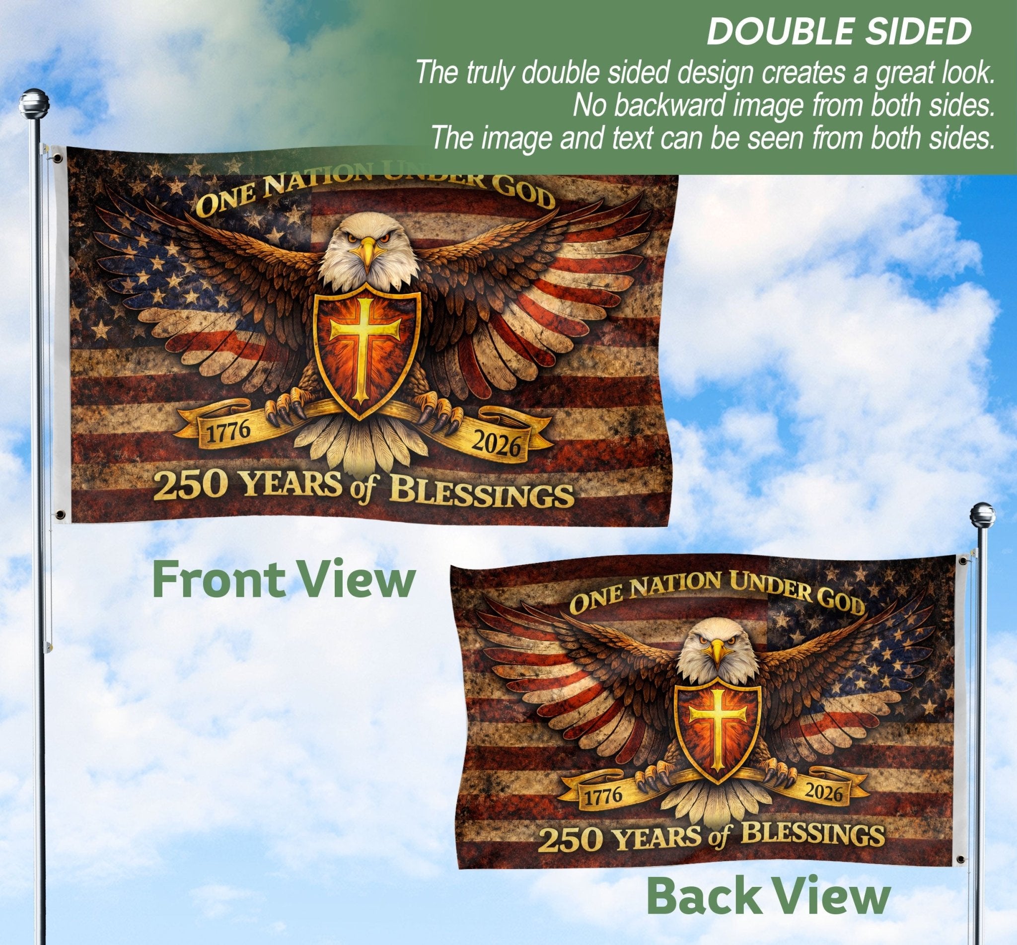 250 Years America Anniversary Eagle Flag - One Nation Under God 250 Years Banner, Double Sided 1776-2026 Flag - Rust Field Wear