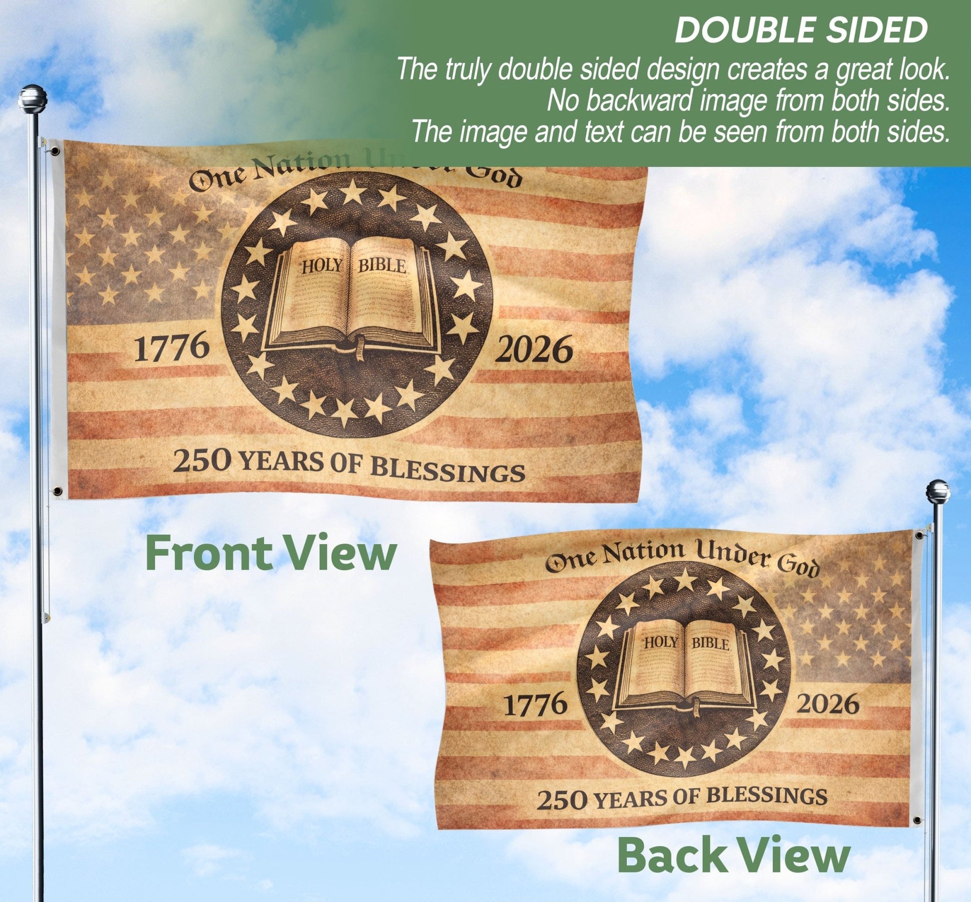 One Nation Under God America Christian Patriotic 250th Anniversary Flag - 250 Years of Blessings Holy Bible & Cross Banner, 1776-2026 Patriotic Double Sided Flag - Rust Field Wear