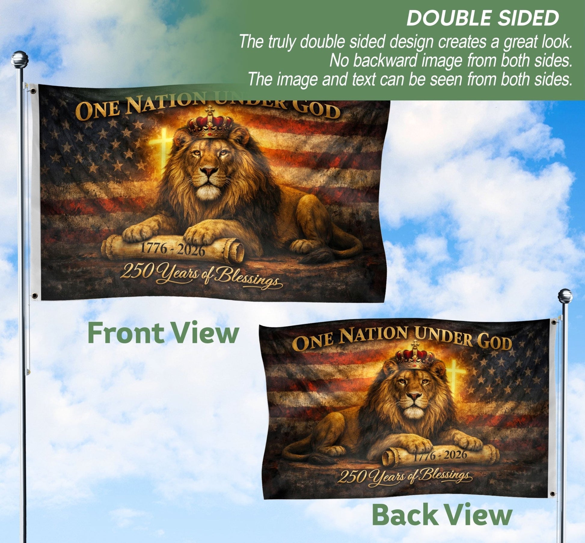 Lion of Judah American Heritage Flag - 250 Years of Blessings Patriotic Banner, One Nation Under God Double Sided 1776-2026 Flag - Rust Field Wear