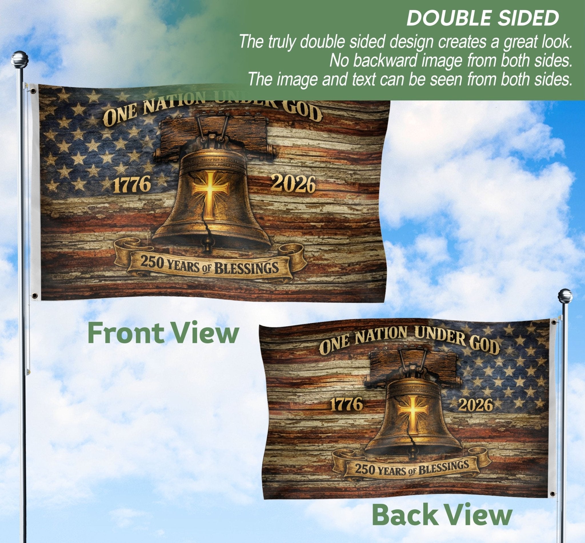 One Nation Under God America 250th Anniversary Flag - 250 Years of Blessings Liberty Bell & Cross Design, 1776-2026 Patriotic Double Sided Flag - Rust Field Wear