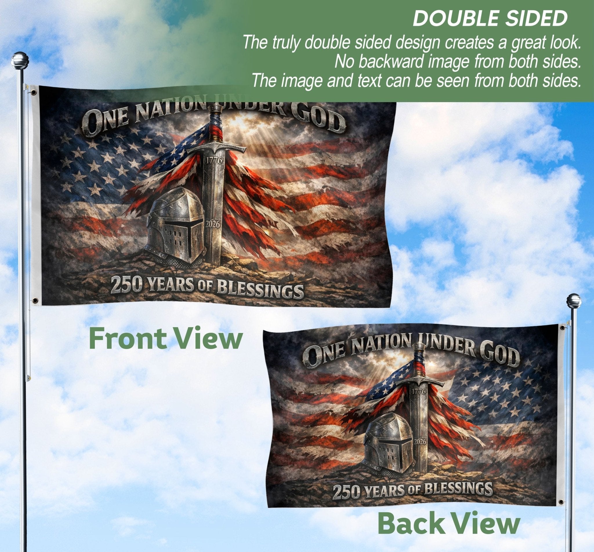 Christian Patriotic One Nation Under God USA 250th Birthday Flag - 250 Years of Blessings, Double Sided Flag - Rust Field Wear