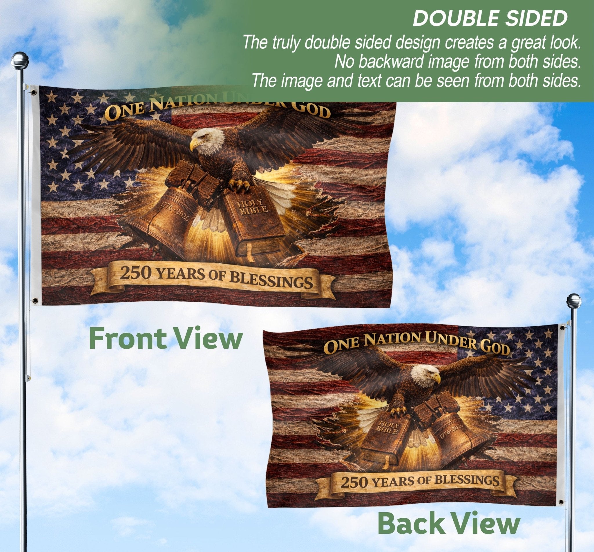 One Nation Under God 250 Years Flag (1776–2026) – Bald Eagle with Holy Bible Patriotic Christian Banner - Rust Field Wear