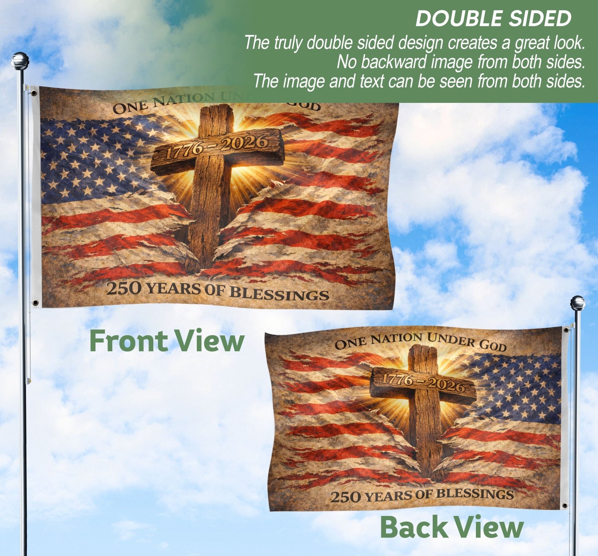 One Nation Under God 250th Anniversary Flag (1776–2026) – Cross and American Flag Christian Patriotic Banner - Rust Field Wear