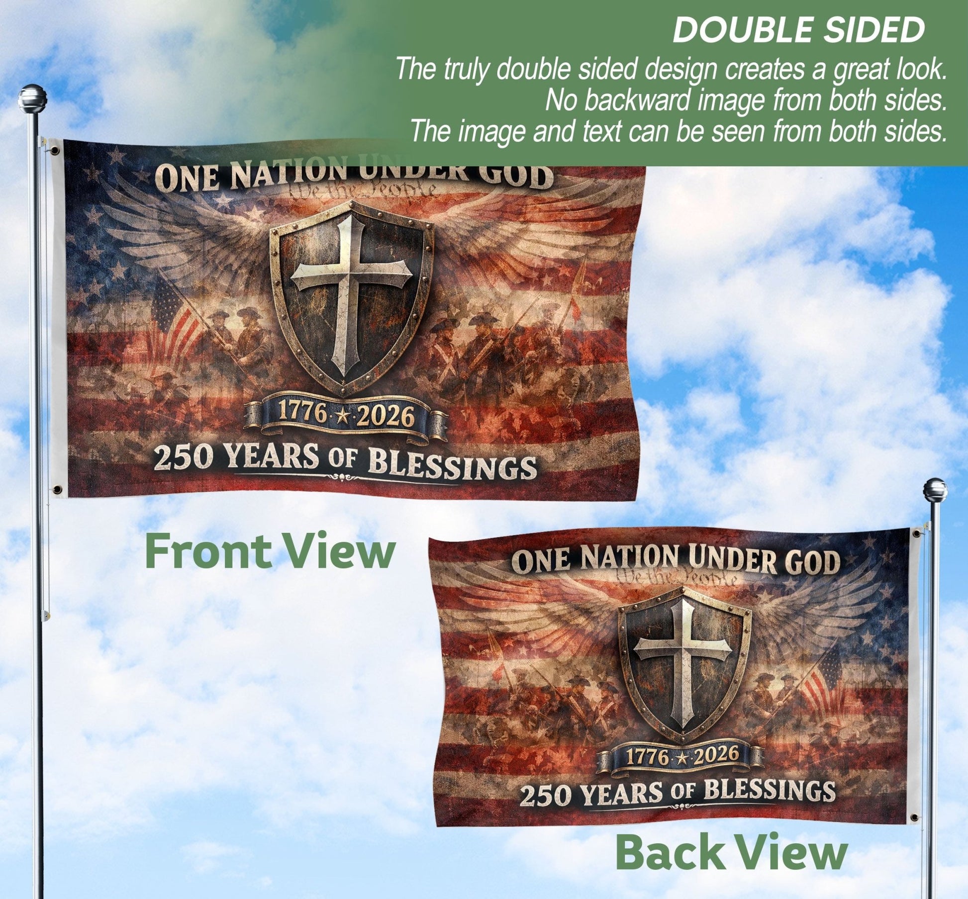 250 Years America Anniversary Flag, 1776-2026 Double Sided - Patriotic One Nation Under God House Banner - Rust Field Wear