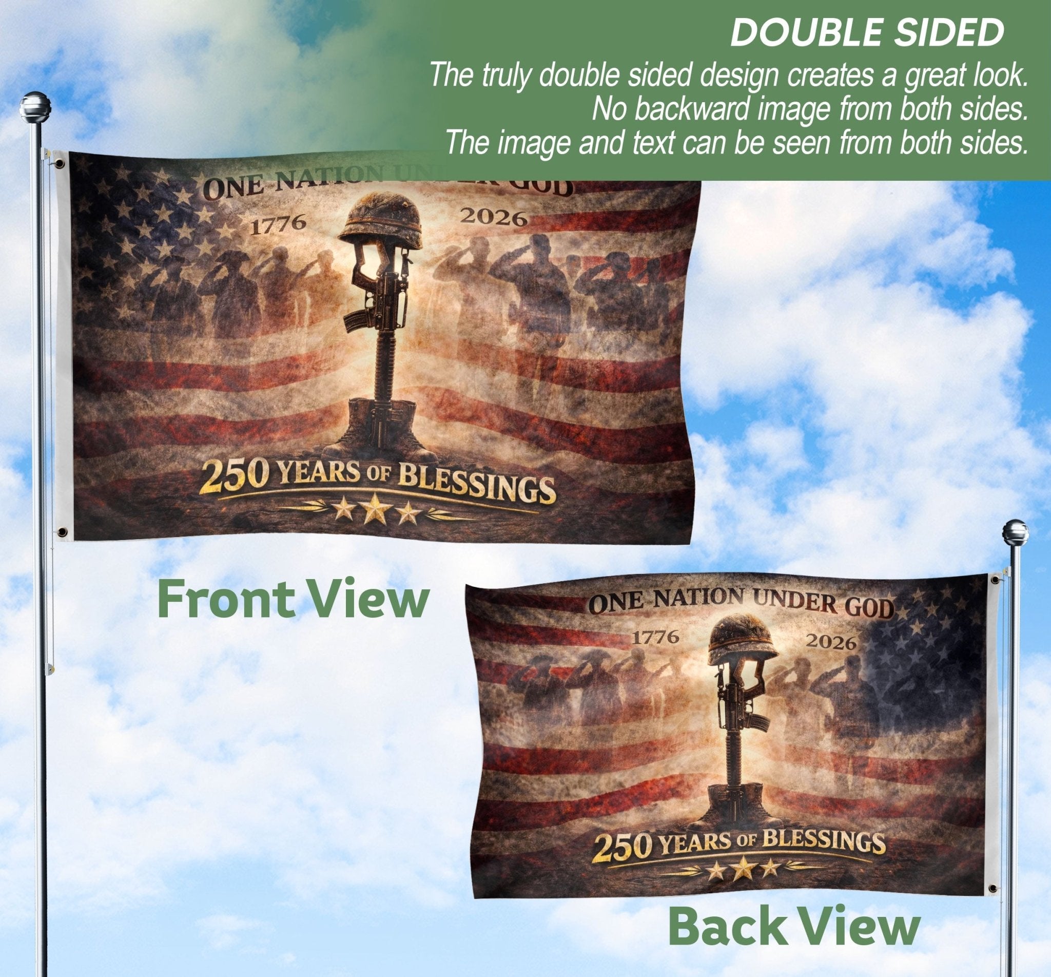 250 Years America Anniversary Military Flag, Double Sided House Banner - Fallen Soldier Battle Cross 1776-2026 - Rust Field Wear