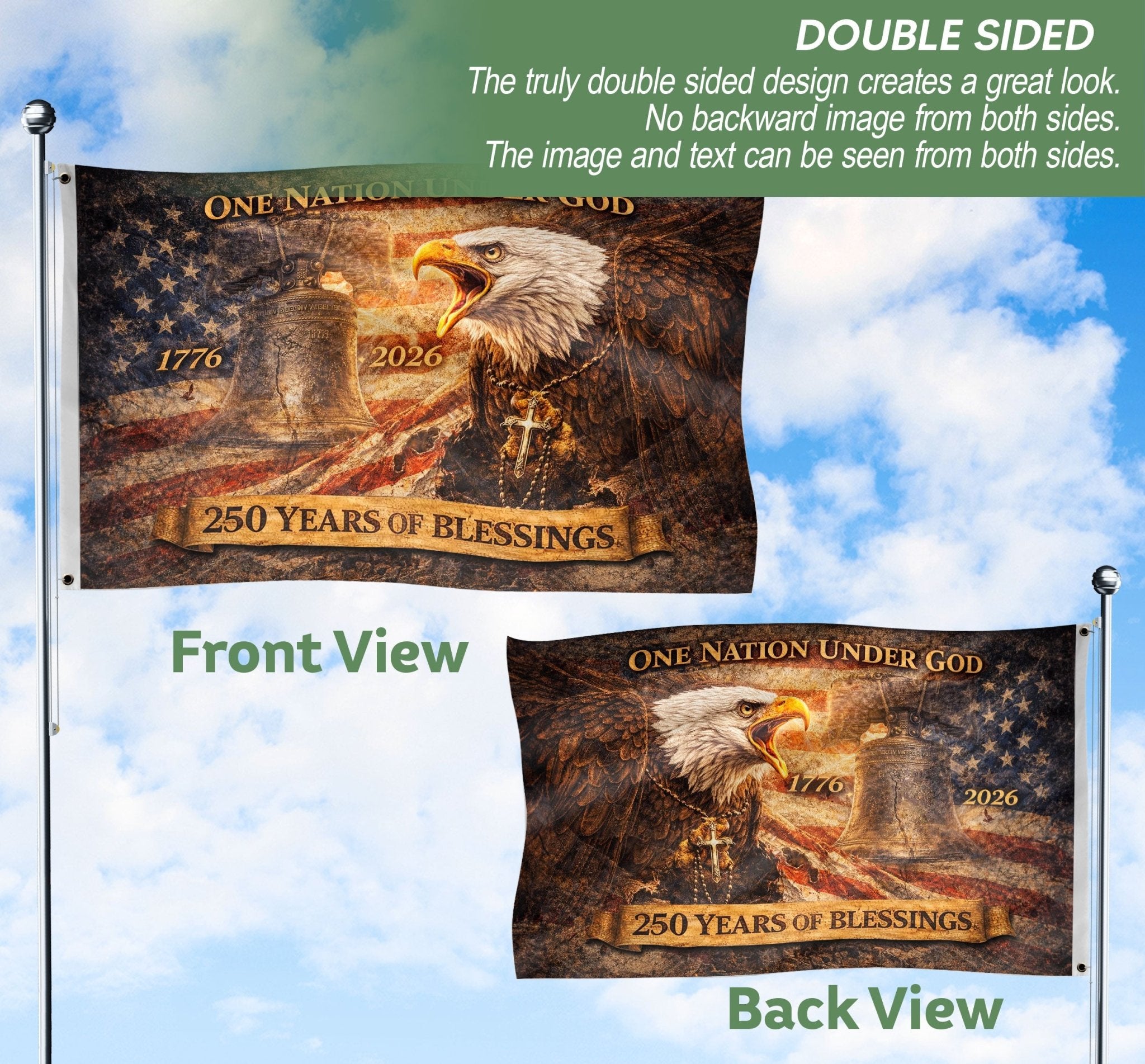 250 Years of Blessings USA Flag, Patriotic Eagle & Liberty Bell - 1776-2026 Double-Sided Banner - Rust Field Wear