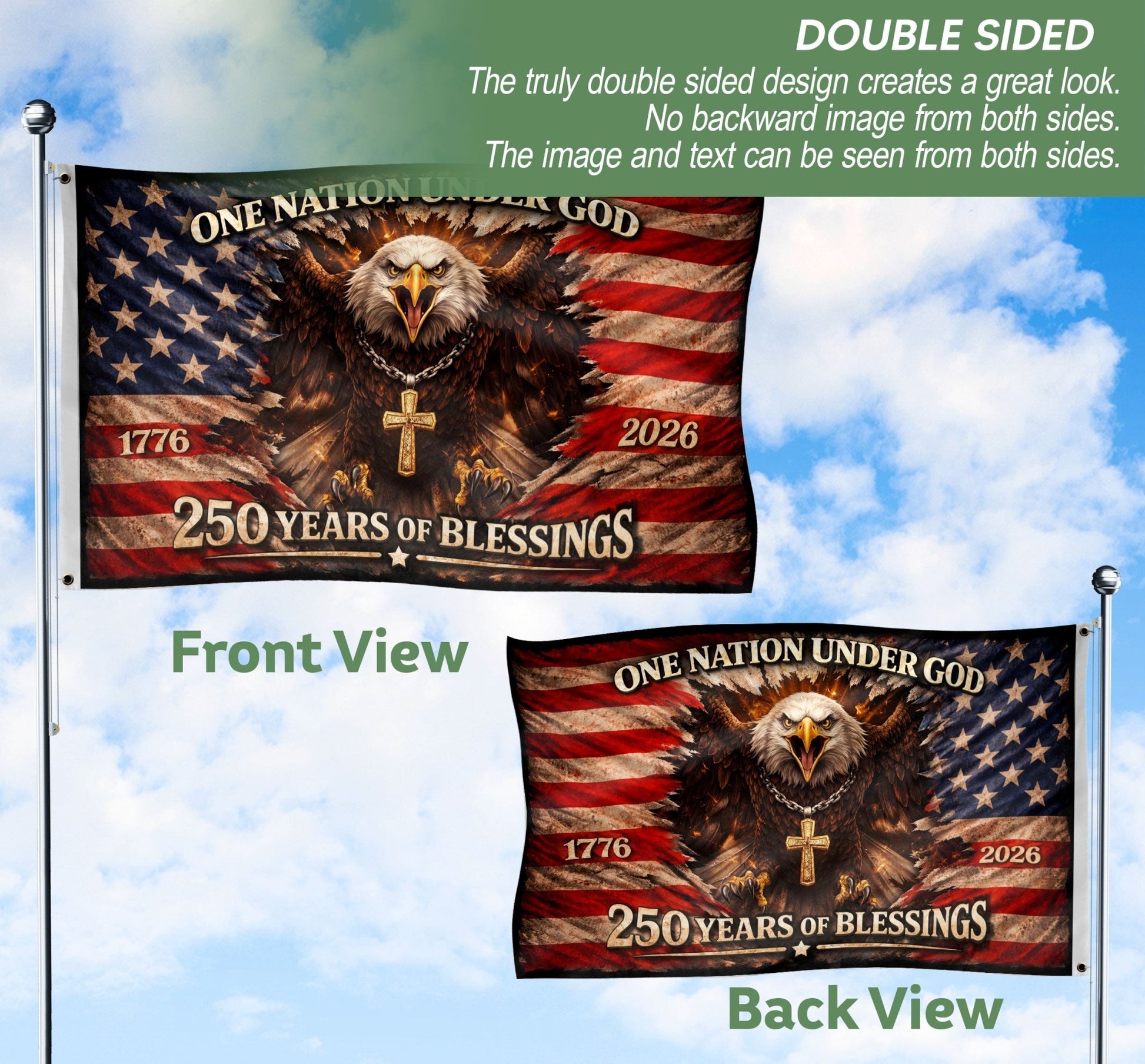 One Nation Under God 250th Anniversary Flag (1776–2026) – Bald Eagle and Cross Patriotic Christian Banner - Rust Field Wear