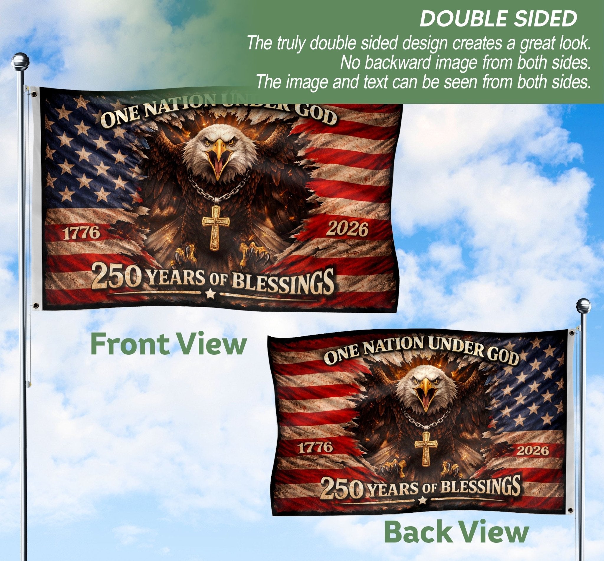 One Nation Under God 250th Anniversary Flag (1776–2026) – Bald Eagle and Cross Patriotic Christian Banner - Rust Field Wear