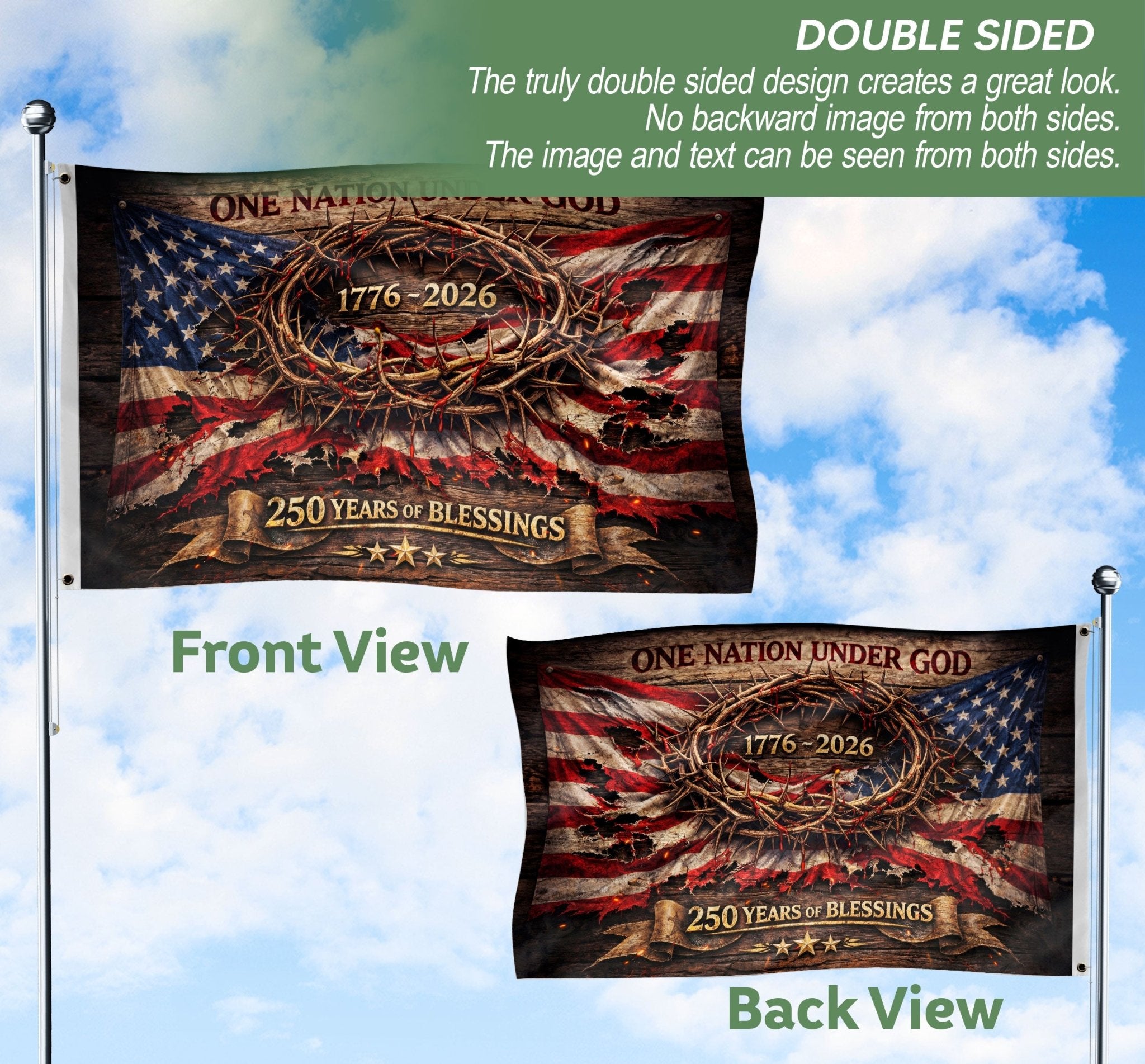 One Nation Under God 250 Years Flag (1776–2026) – Crown of Thorns Christian Patriotic Anniversary Banner - Rust Field Wear