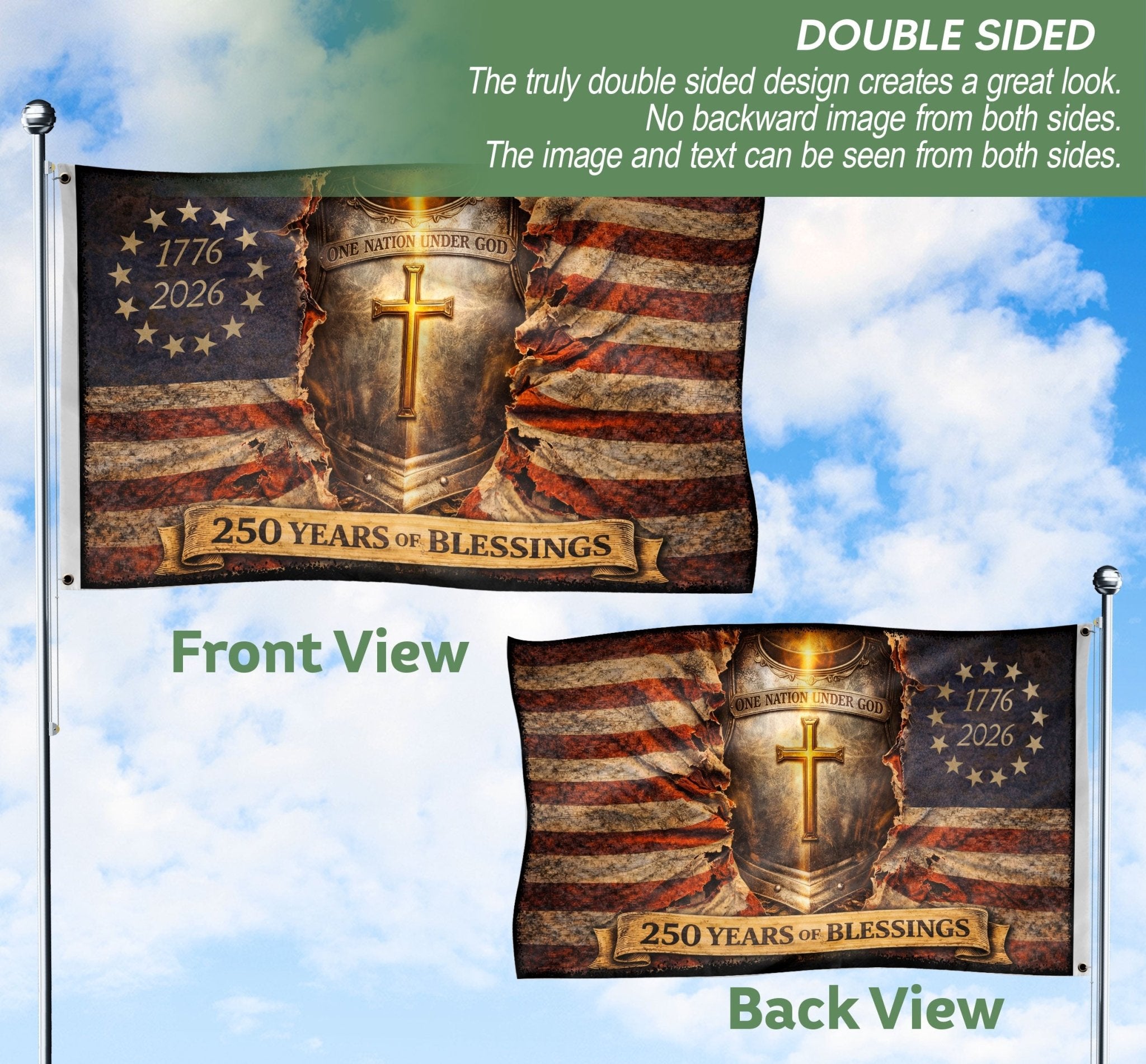 One Nation Under God 250th Anniversary Flag (1776–2026) – Cross Shield Patriotic Christian Banner - Rust Field Wear