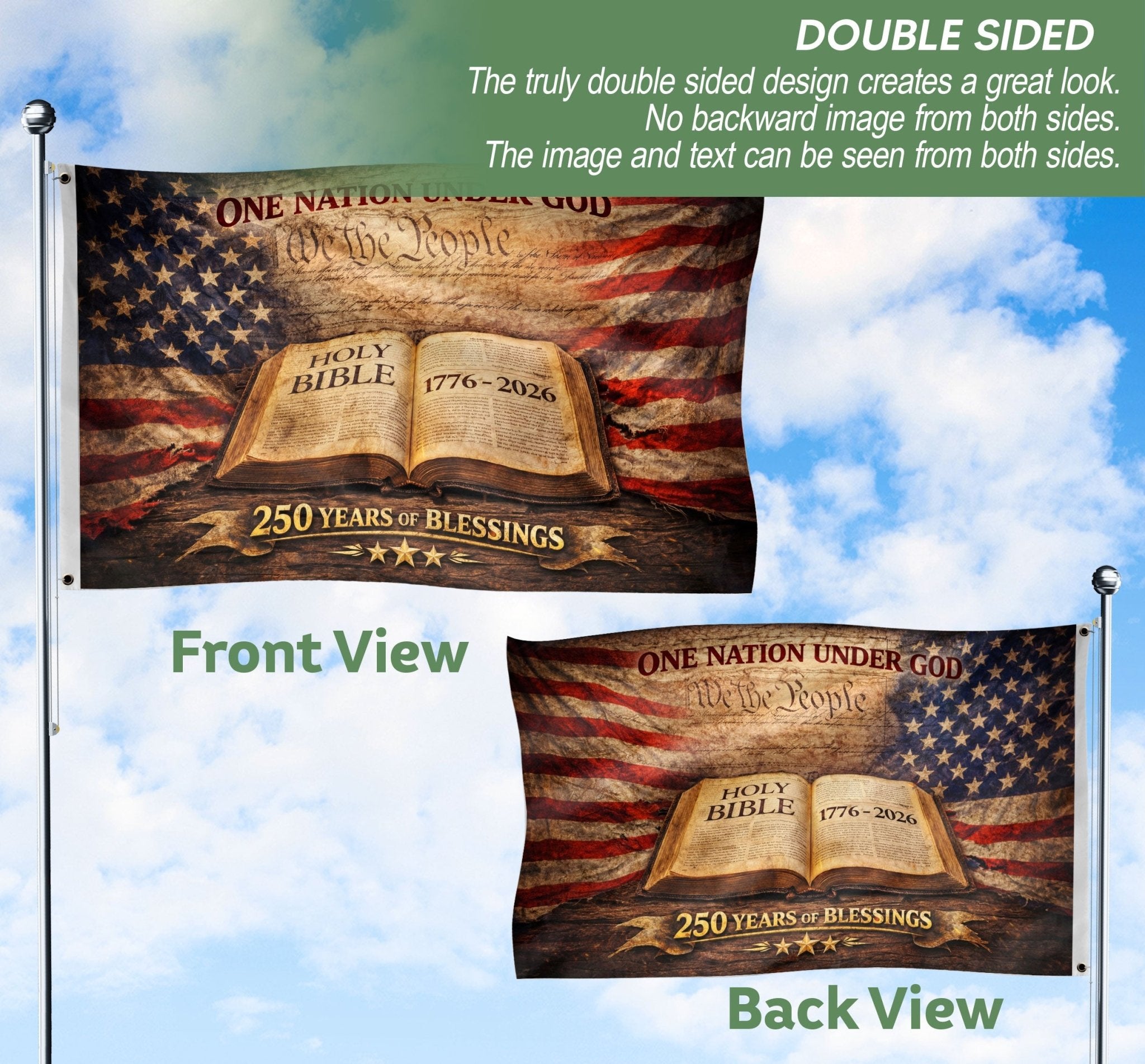 One Nation Under God 250th Anniversary Flag (1776–2026) – Holy Bible and We the People Patriotic Christian Banner - Rust Field Wear
