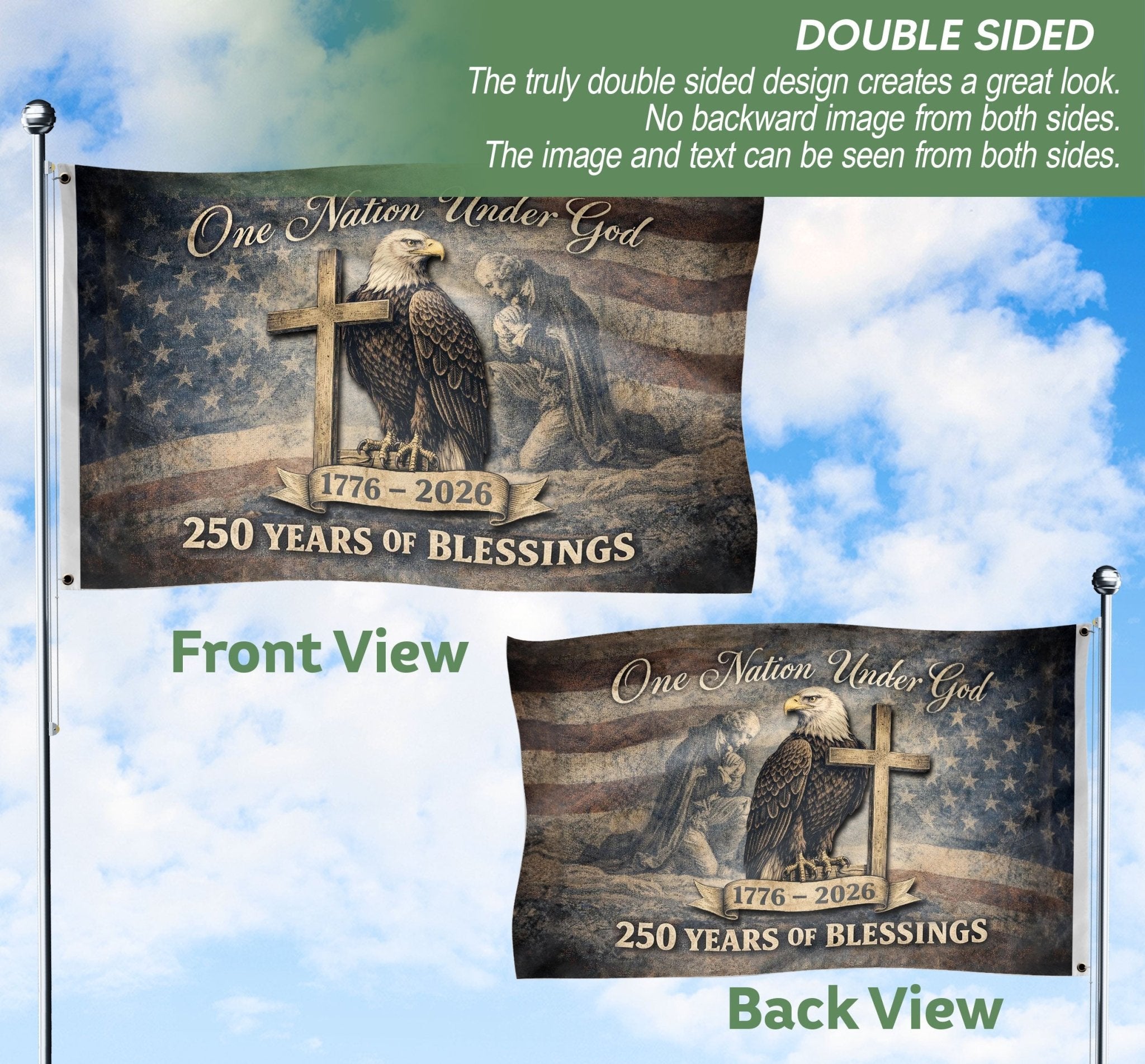 250th Anniversary Cross & Eagle, One Nation Under God 250 Years of Blessings USA Flag - Double Sided Premium House Flag - Rust Field Wear