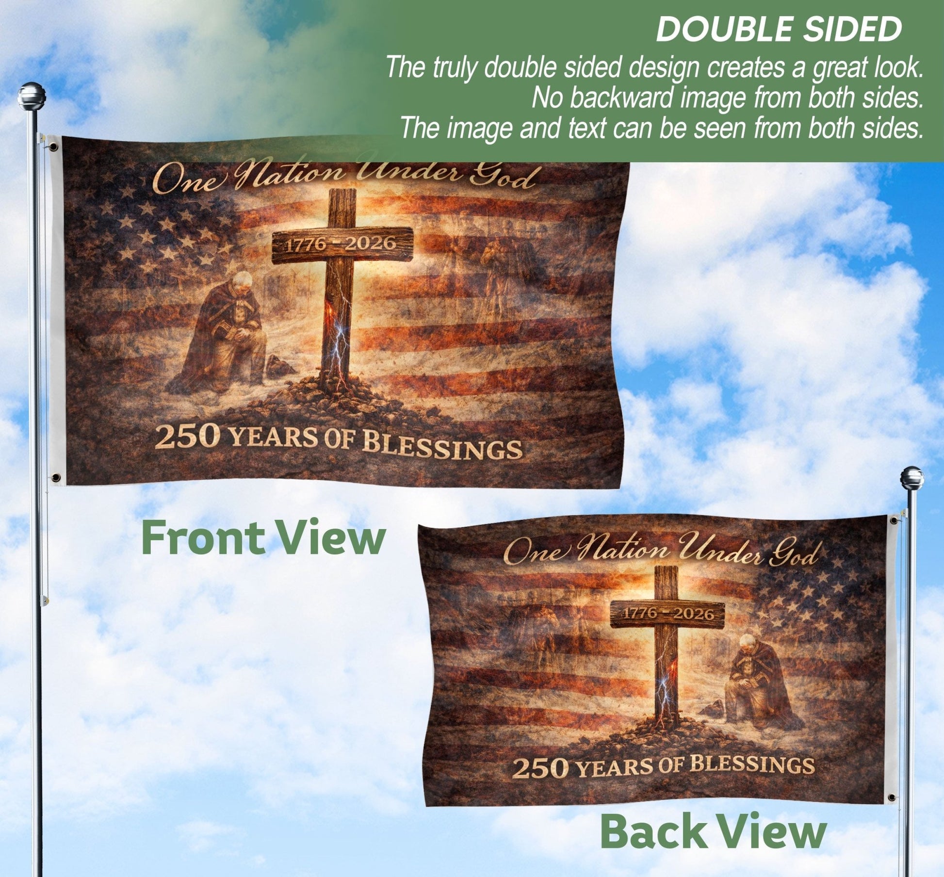 250 Years America Anniversary Flag, One Nation Under God 250 Years of Blessings Decor - Double Sided Faith & Patriotic House Banner - Rust Field Wear