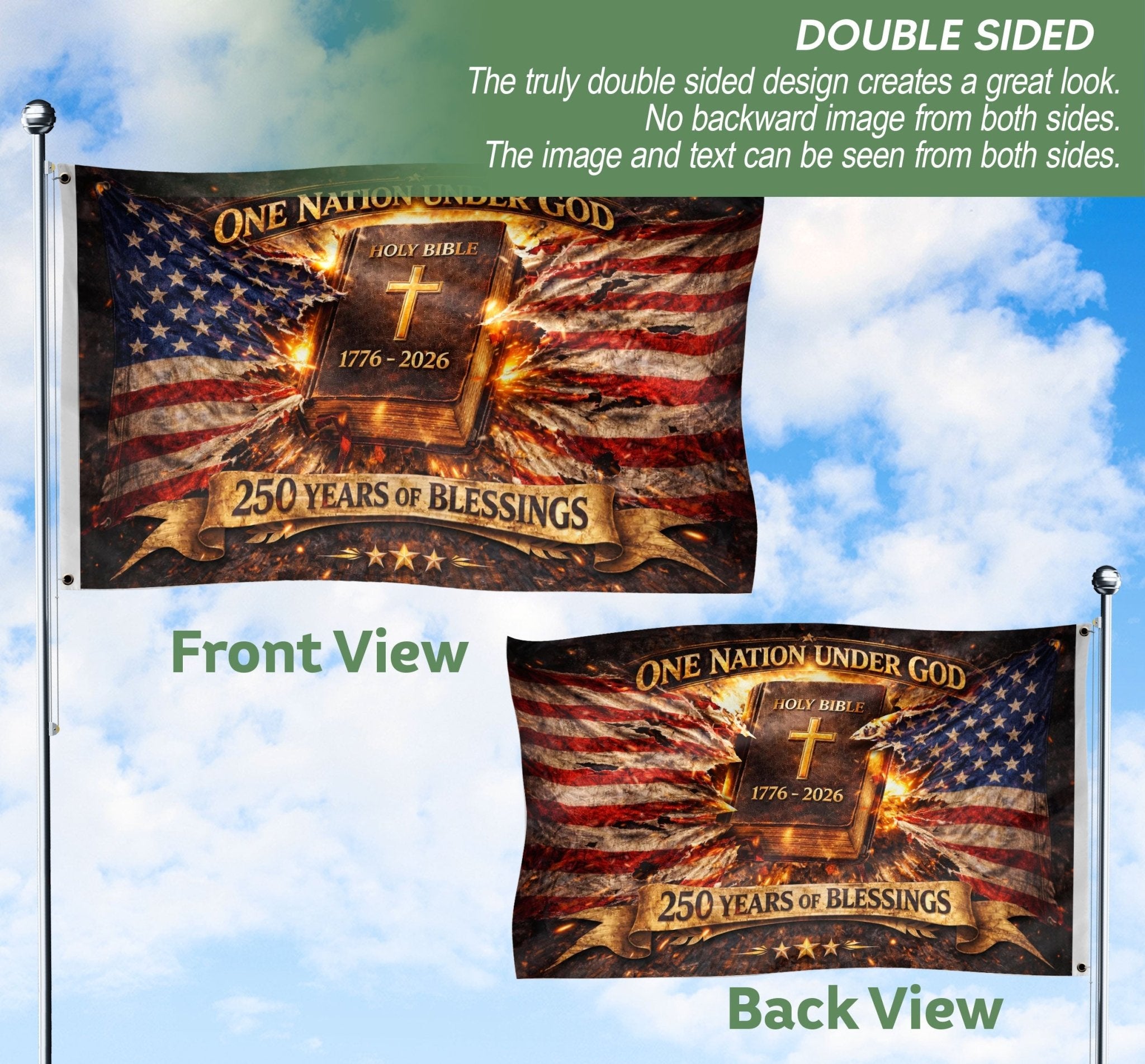 1776-2026 One Nation Under God 250th Anniversary Flag, 250 Years of Blessings & Holy Bible America - Double Sided Christian USA House Flag - Rust Field Wear
