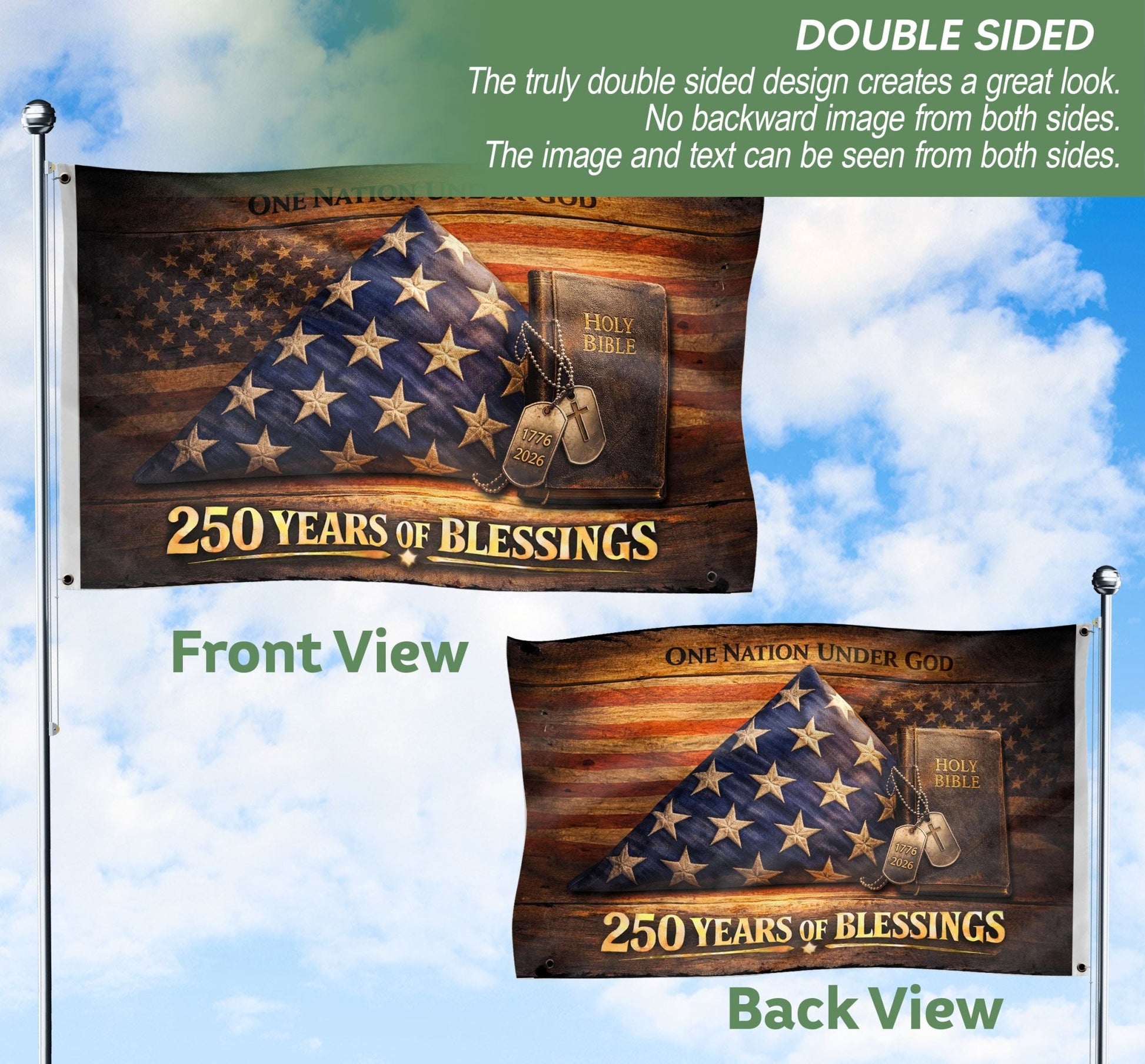 Christian 250 Years America Anniversary Flag, Holy Bible & One Nation Under God 1776-2026 - Double Sided Faith House Banner - Rust Field Wear