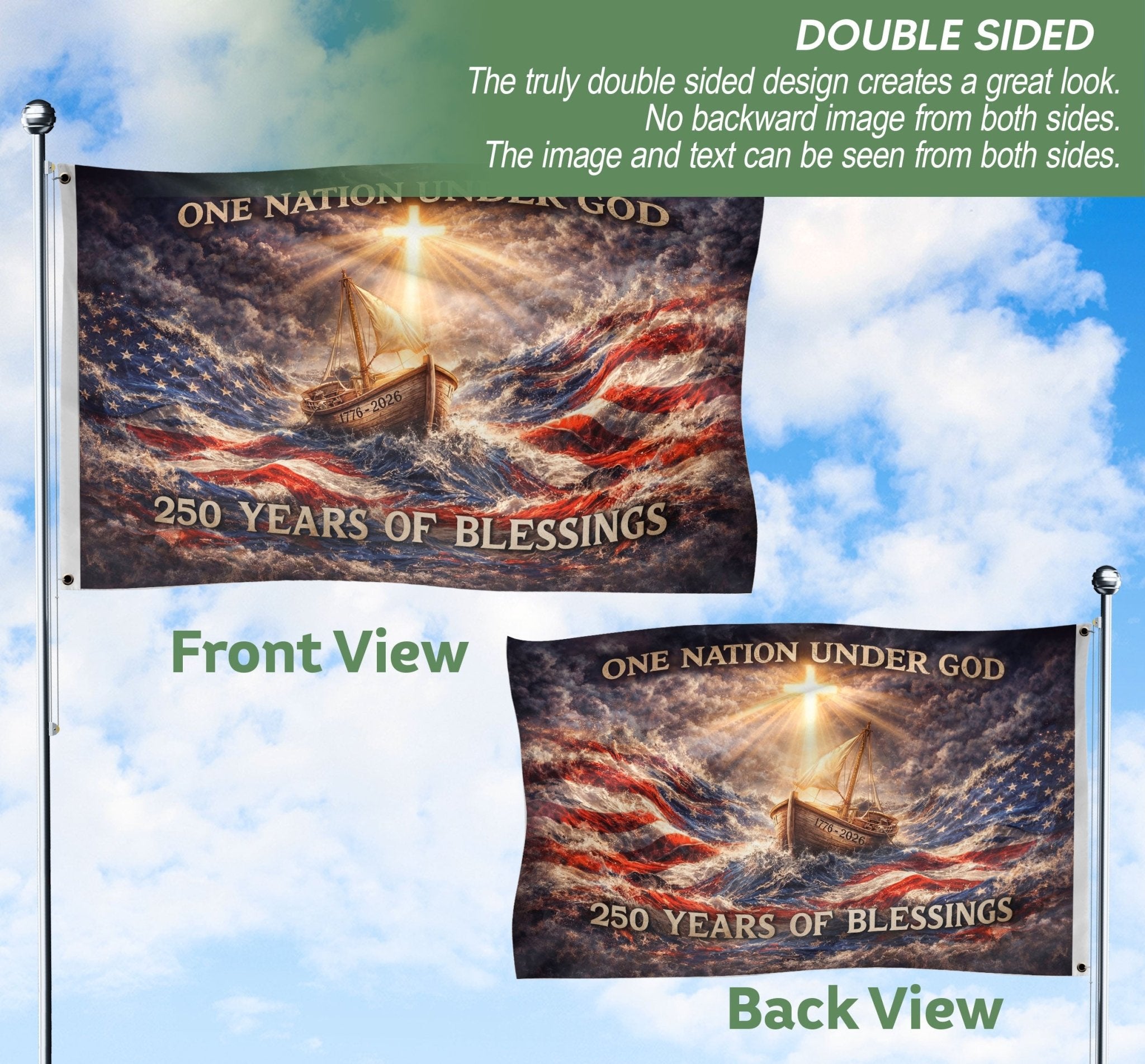 USA 250th Anniversary Flag 1776-2026 – One Nation Under God Sailing Ship 250 Years Double-Sided House Flag - Rust Field Wear