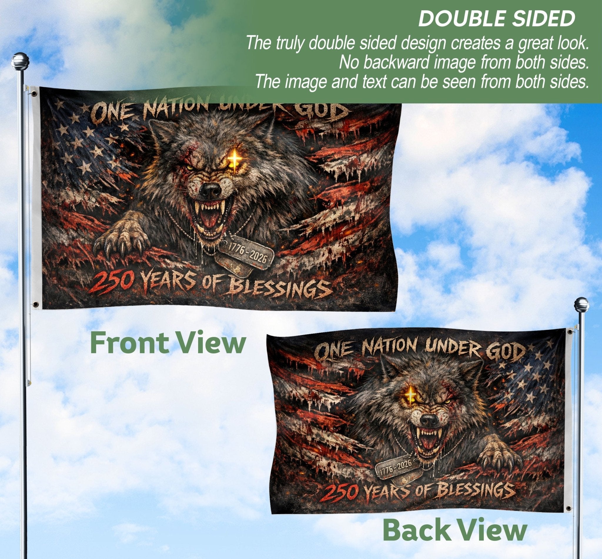 USA 250th Anniversary Flag 1776-2026 – Patriotic Wolf One Nation Under God 250 Years Double-Sided Banner - Rust Field Wear
