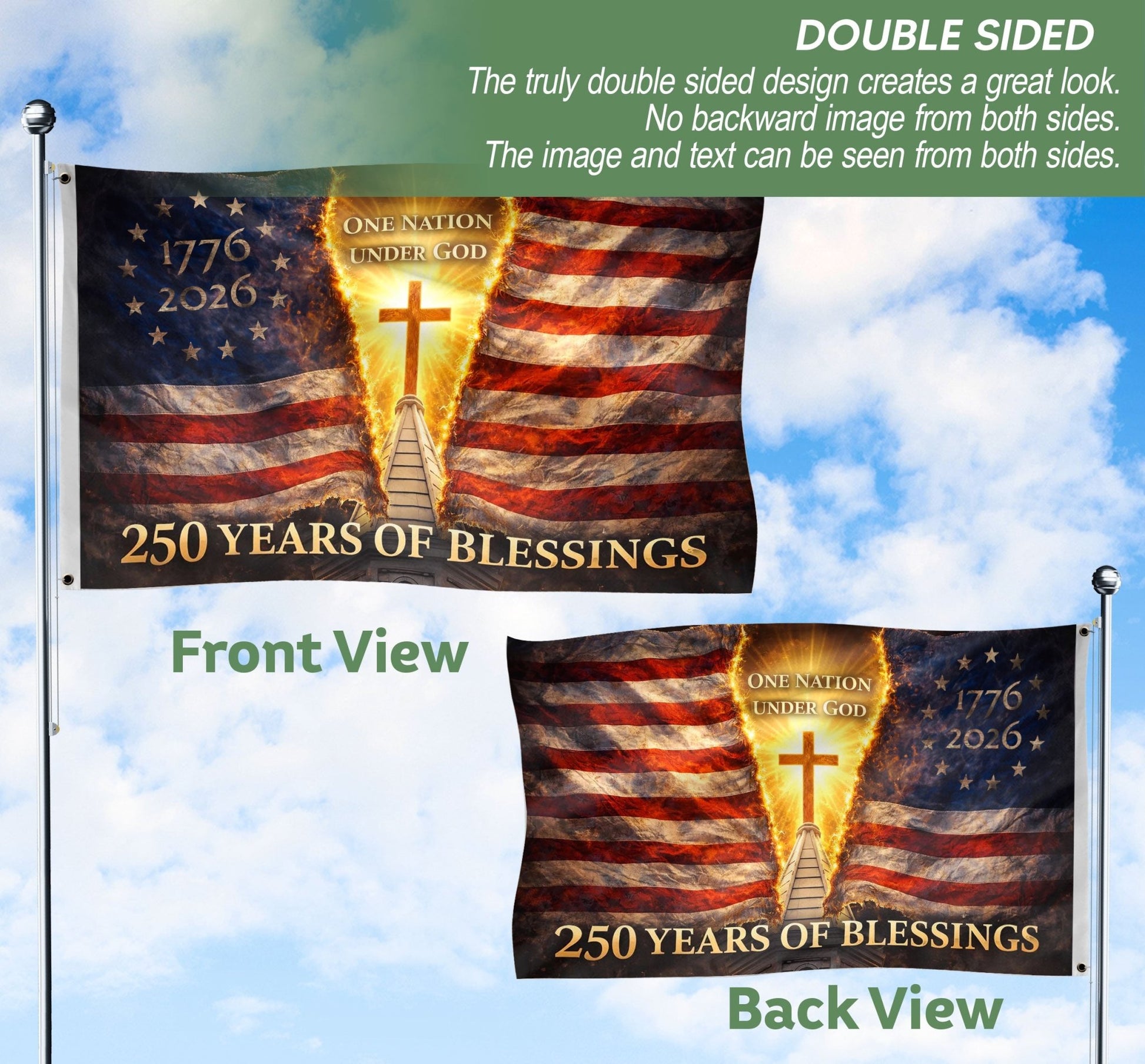 Flag 250 Years of Blessings 1776-2026 - One Nation Under God 250th Anniversary USA Christian Flag, Double Sided Premium House Flag - Rust Field Wear
