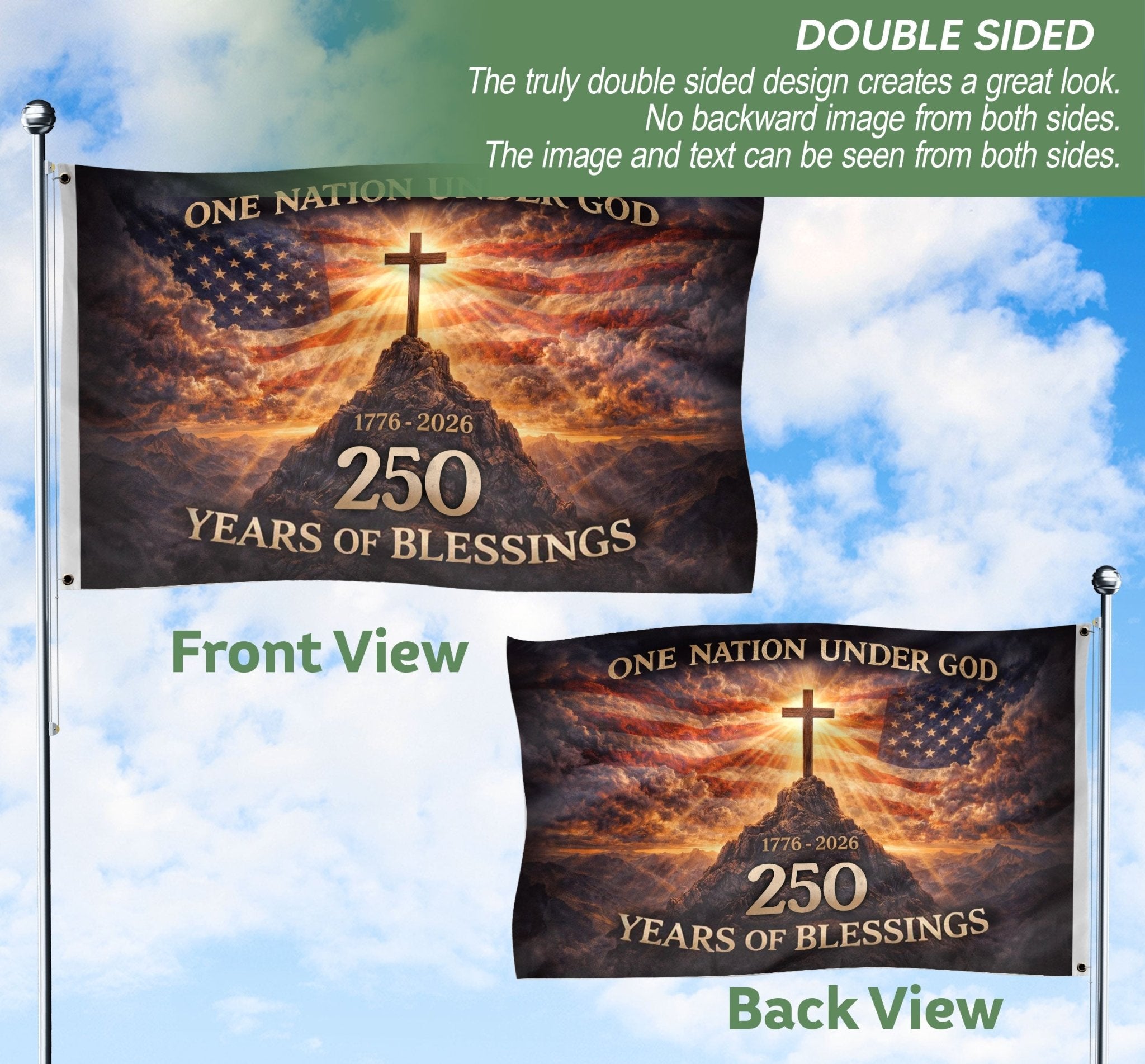 USA One Nation Under God 1776-2026 250th Anniversary Flag - Christian Patriotic 250 Years of Blessings Double-Sided House Flag - Rust Field Wear