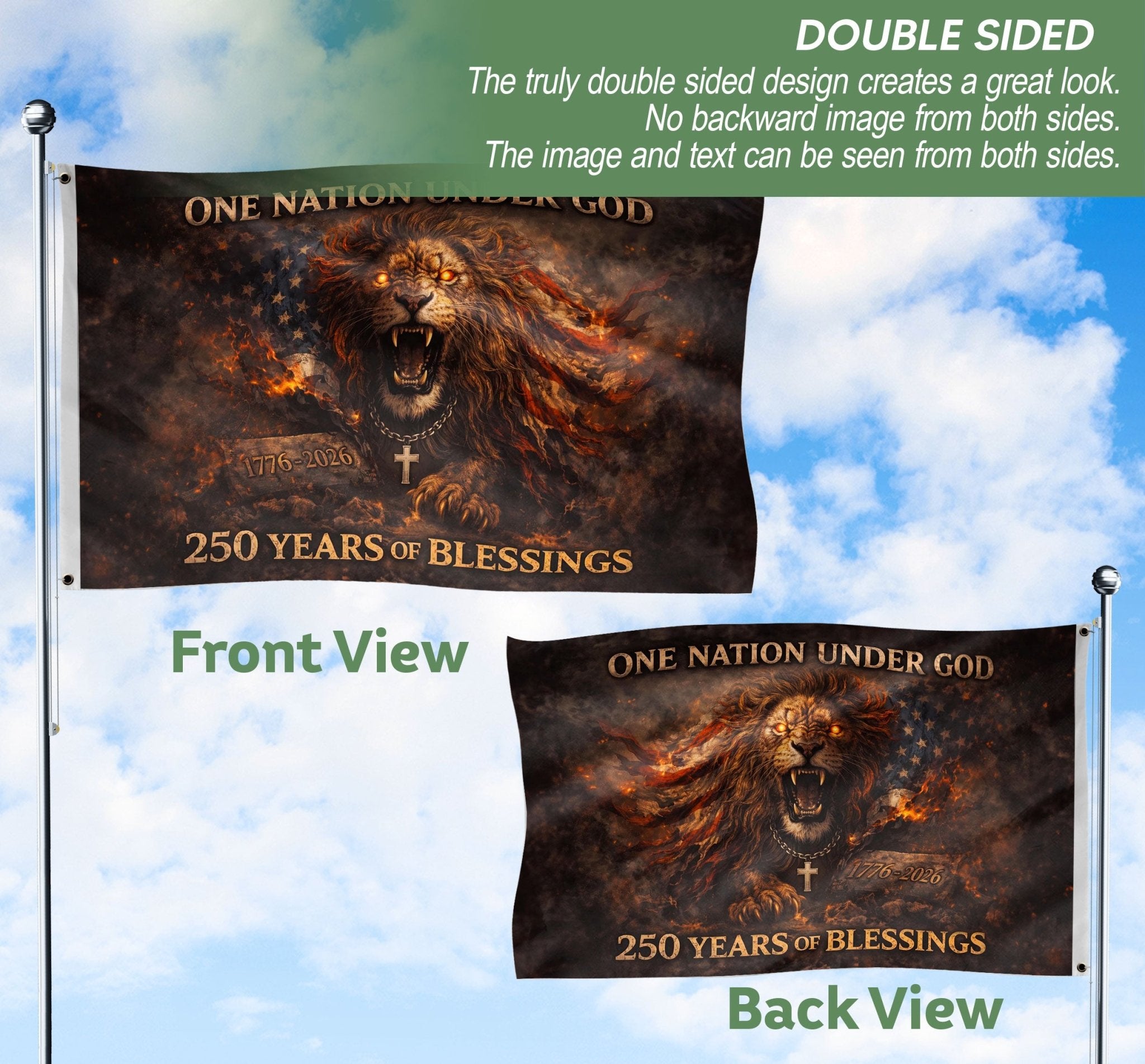 Christian Patriotic 250 Years of Blessings Double-Sided House Flag - Lion of Judah USA 250th Anniversary Flag, One Nation Under God 1776-2026 - Rust Field Wear