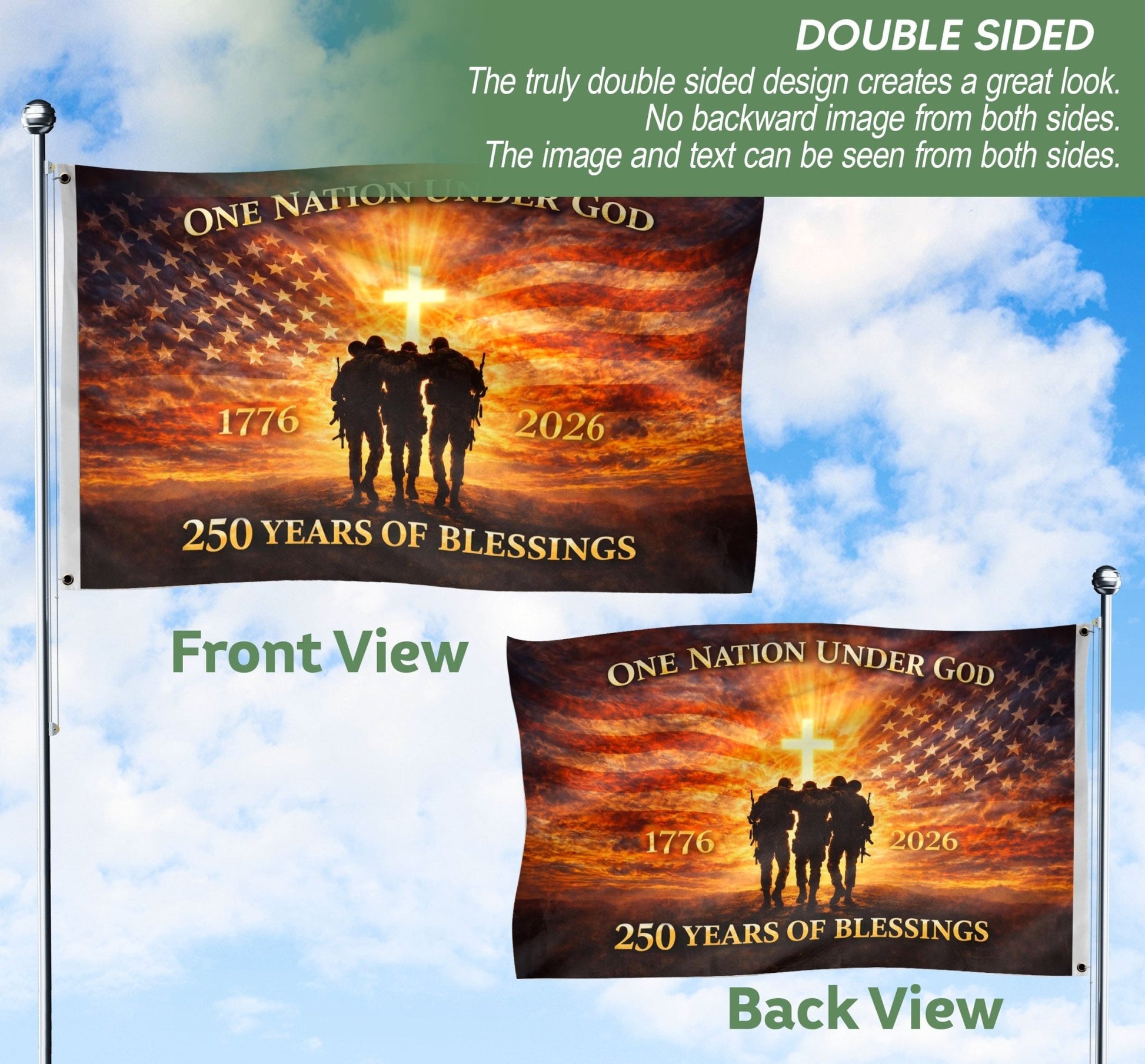 USA 250th Anniversary Flag 1776-2026 – One Nation Under God 250 Years Patriotic Double Sided House Banner - Rust Field Wear