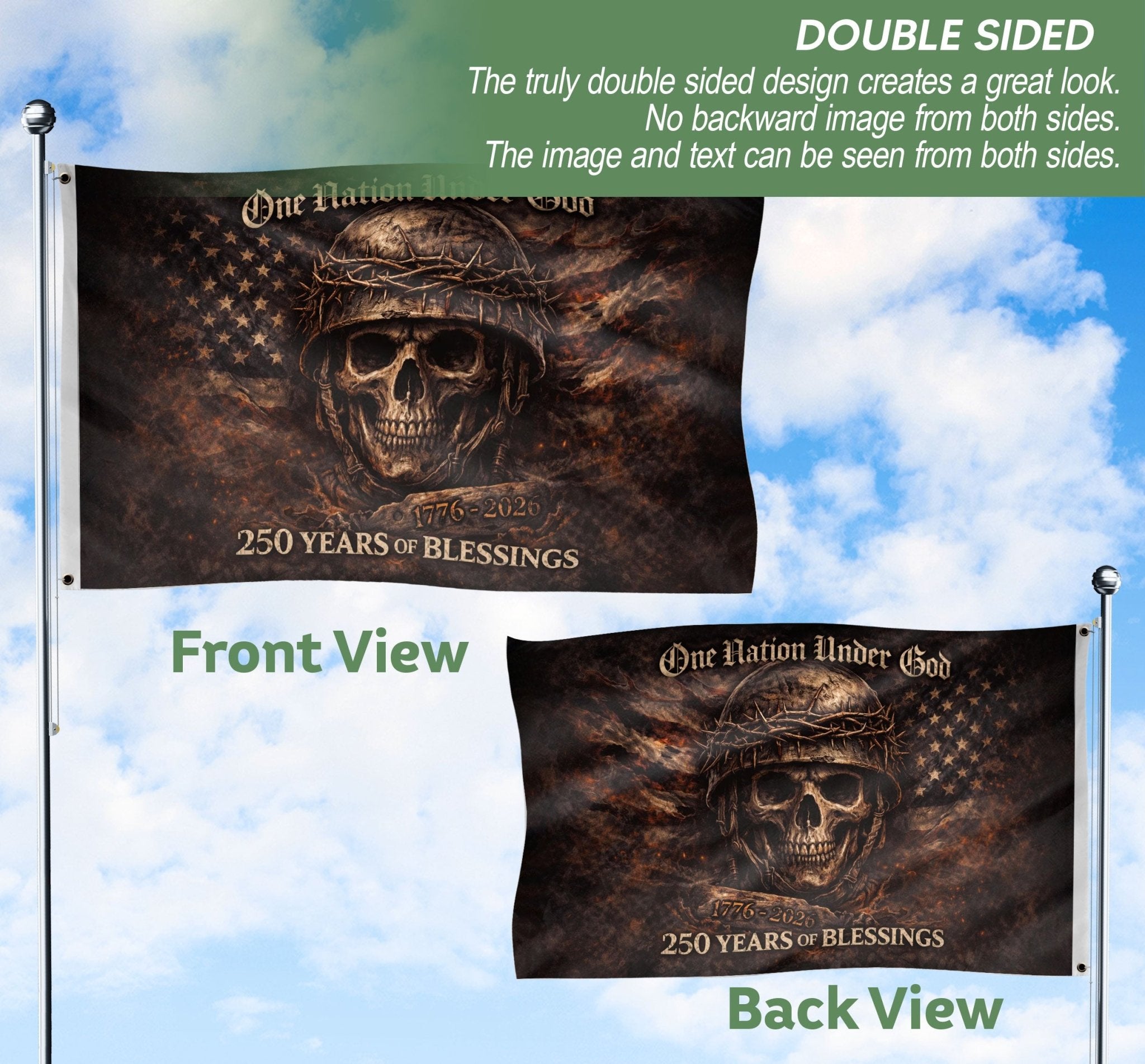 USA 250th Anniversary Flag 1776-2026 – One Nation Under God Skull Design 250 Years Patriotic House Banner - Rust Field Wear