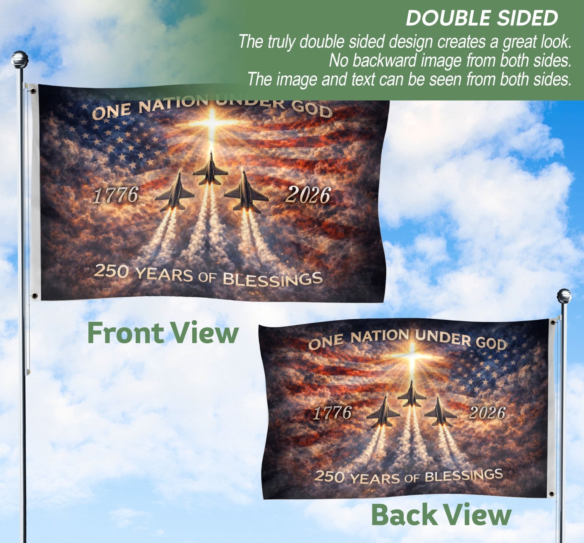 America 250th Anniversary Flag 1776-2026 – One Nation Under God Fighter Jets Cross Double Sided Heavy Banner - Rust Field Wear
