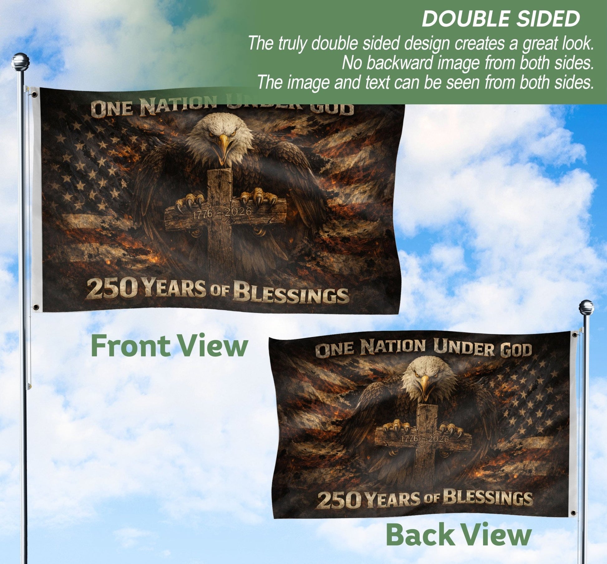America 250th Anniversary Flag 1776-2026 – One Nation Under God Bald Eagle Cross 250 Years Double-Sided Banner - Rust Field Wear
