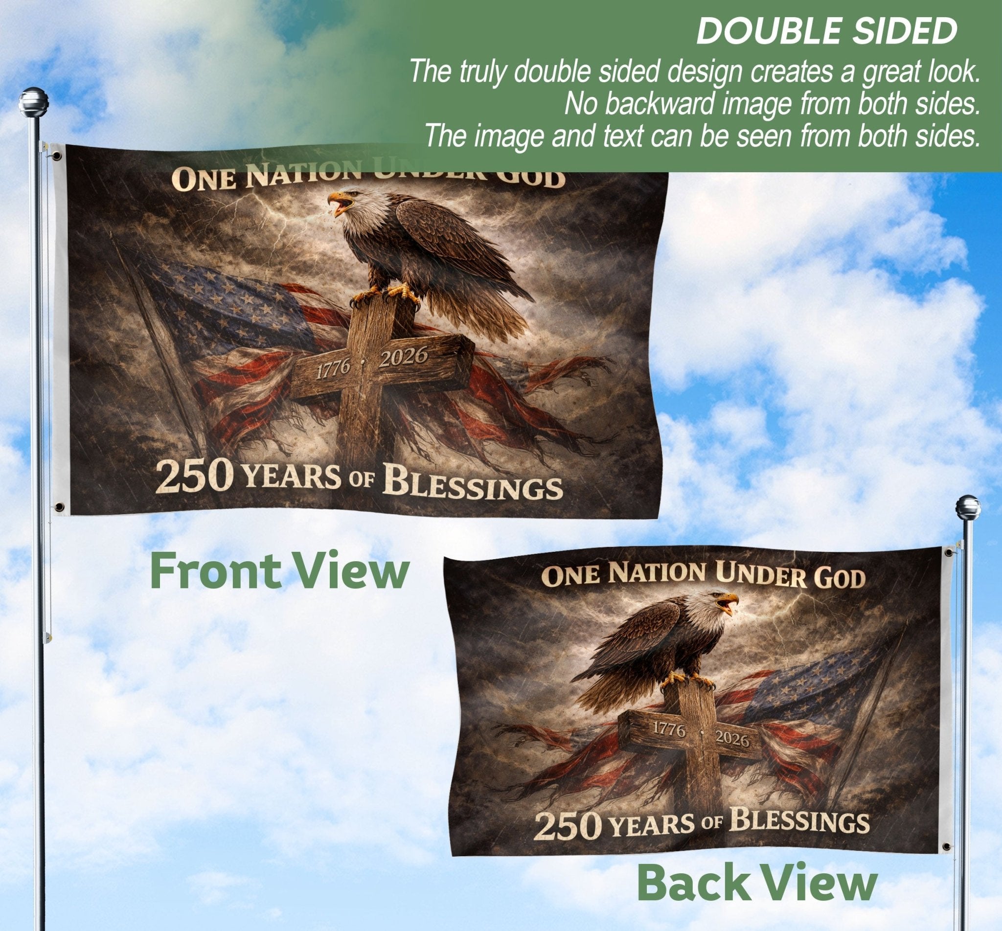 USA 250th Anniversary Flag 1776-2026 – One Nation Under God 250 Years of Blessings Eagle Cross Double-Sided House Flag - Rust Field Wear